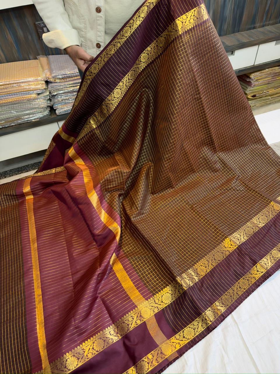 Benaresi soft silk checks saree inspired by Rashmika's vintage look