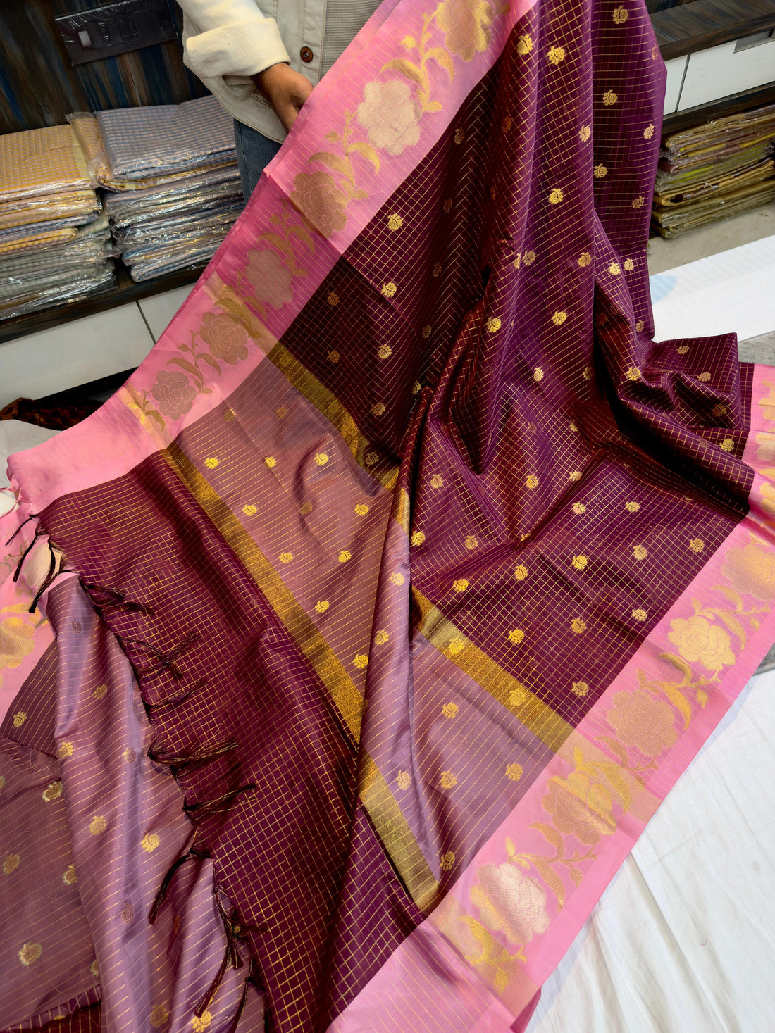 Benaresi soft silk Reshan zari weaving checks saree