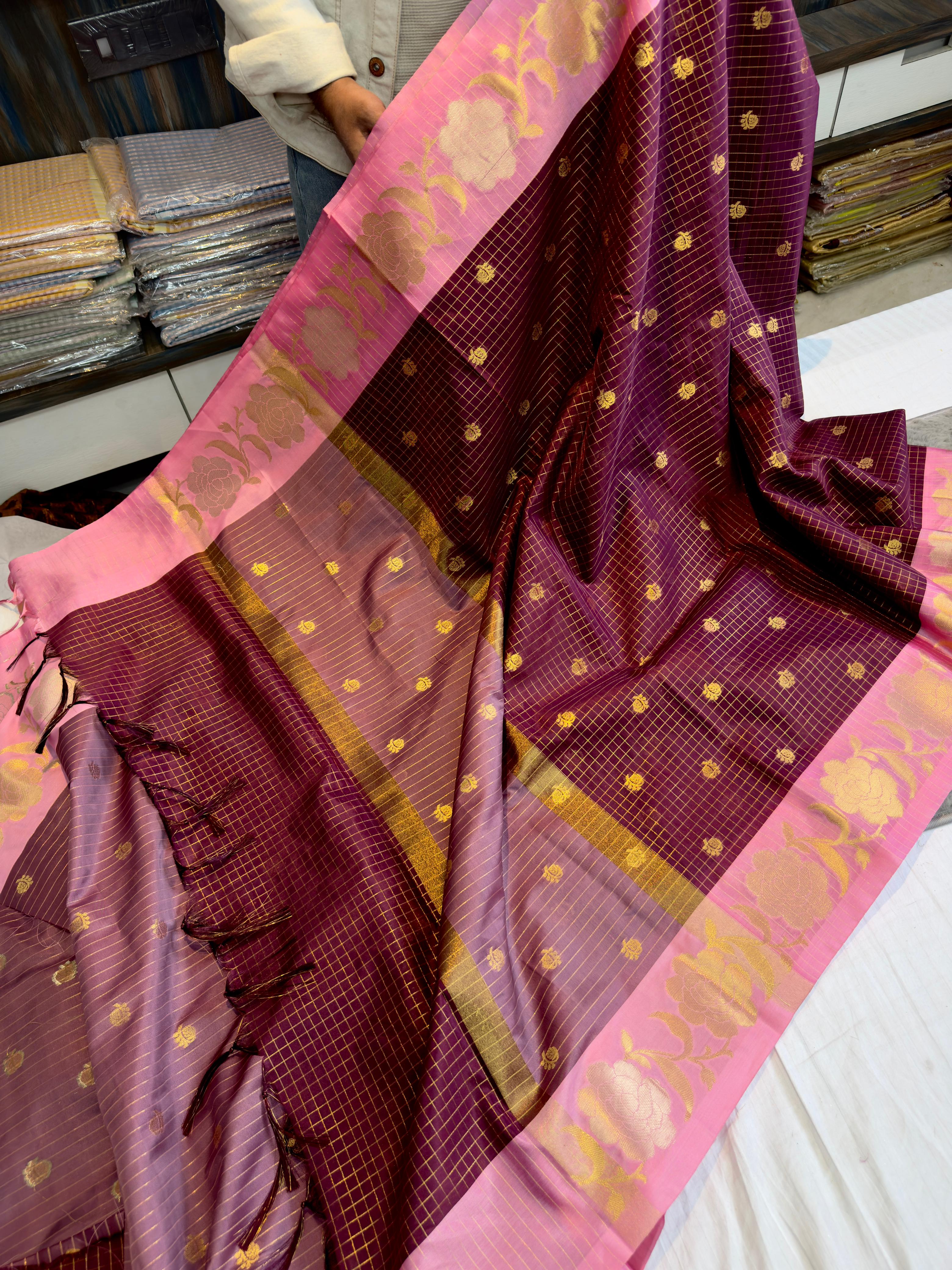 Benaresi soft silk Reshan zari weaving checks saree