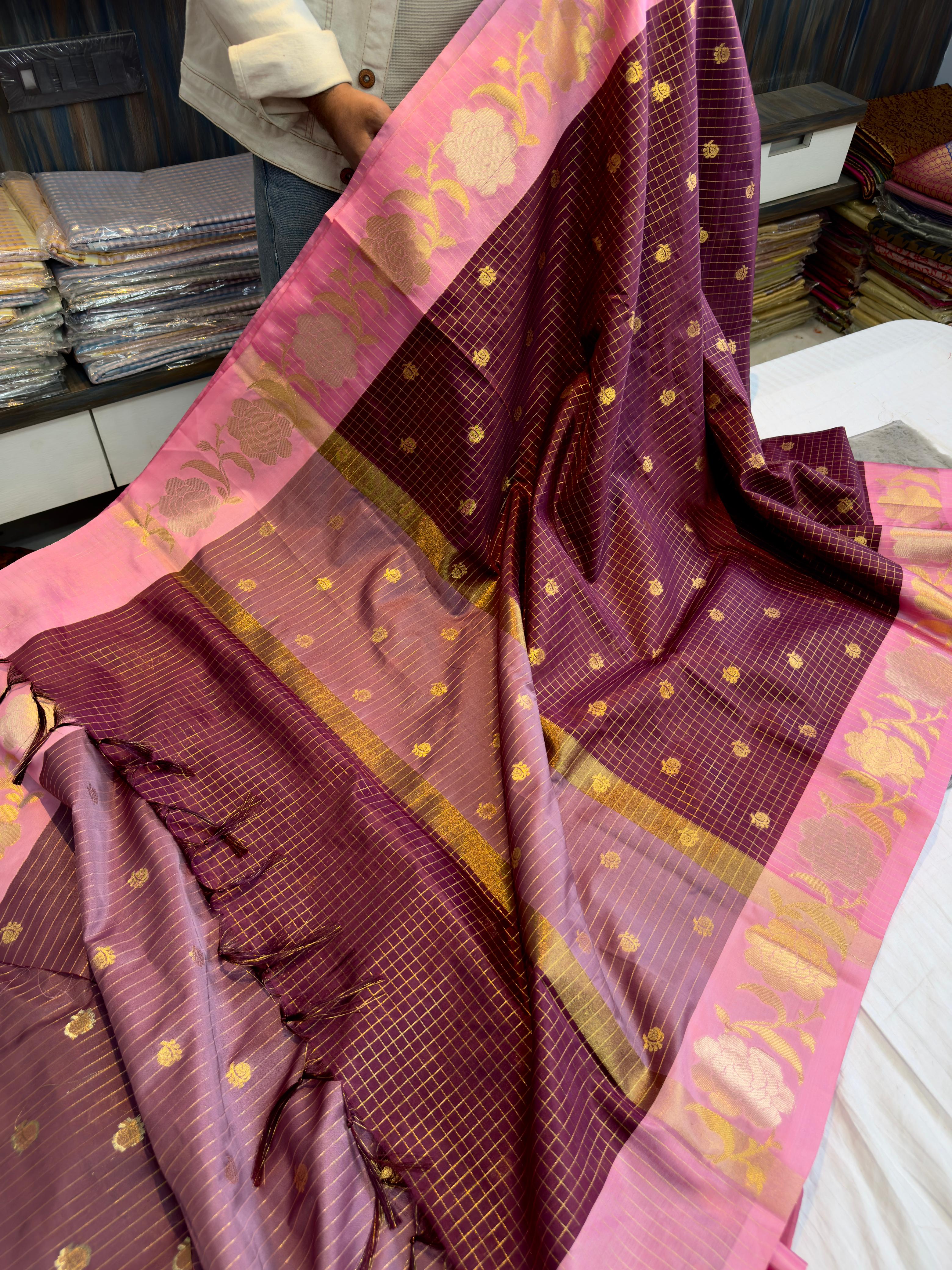 Benaresi soft silk Reshan zari weaving checks saree