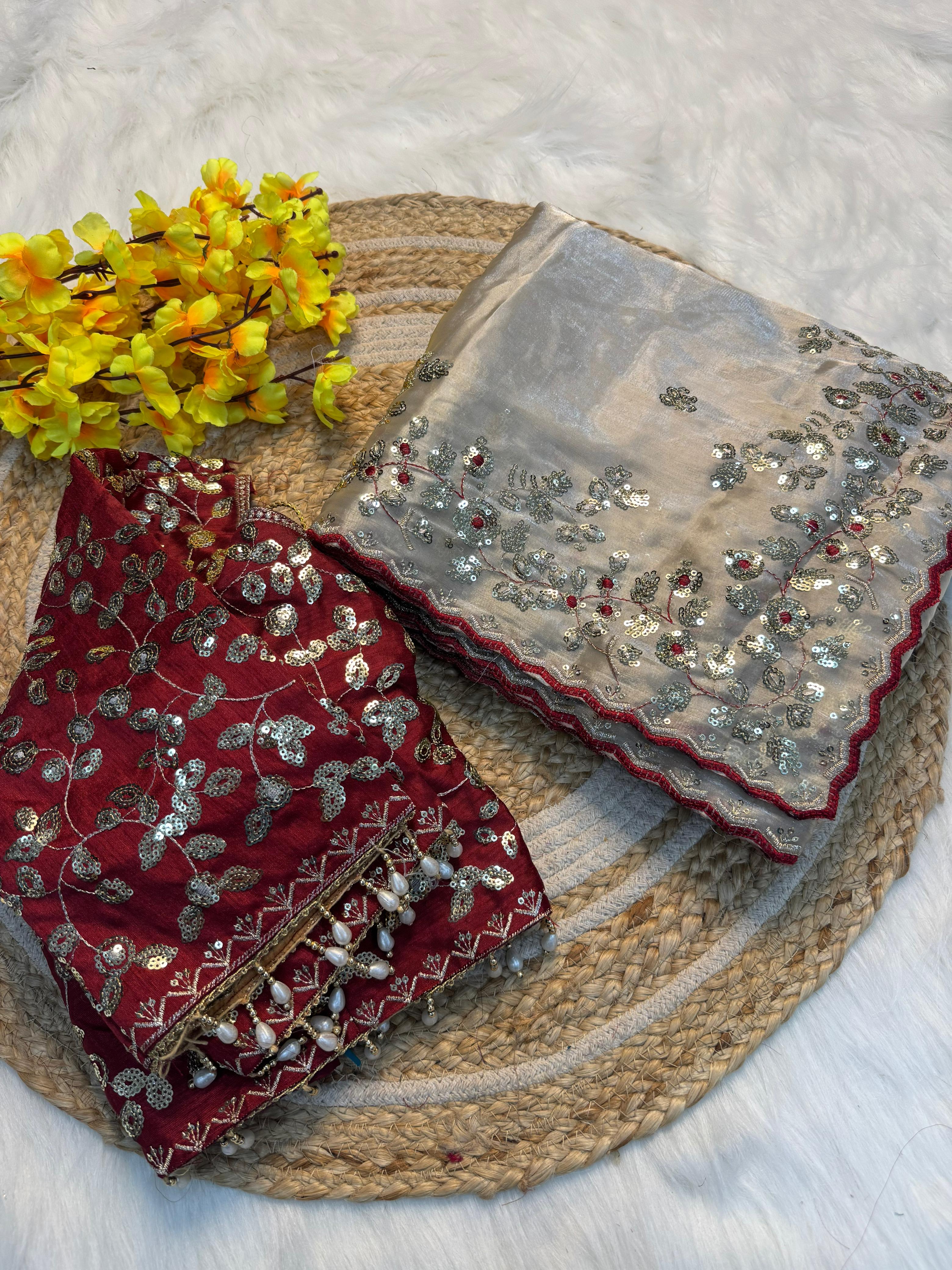 Pure Silk Zari Sequence Design Embrodairy