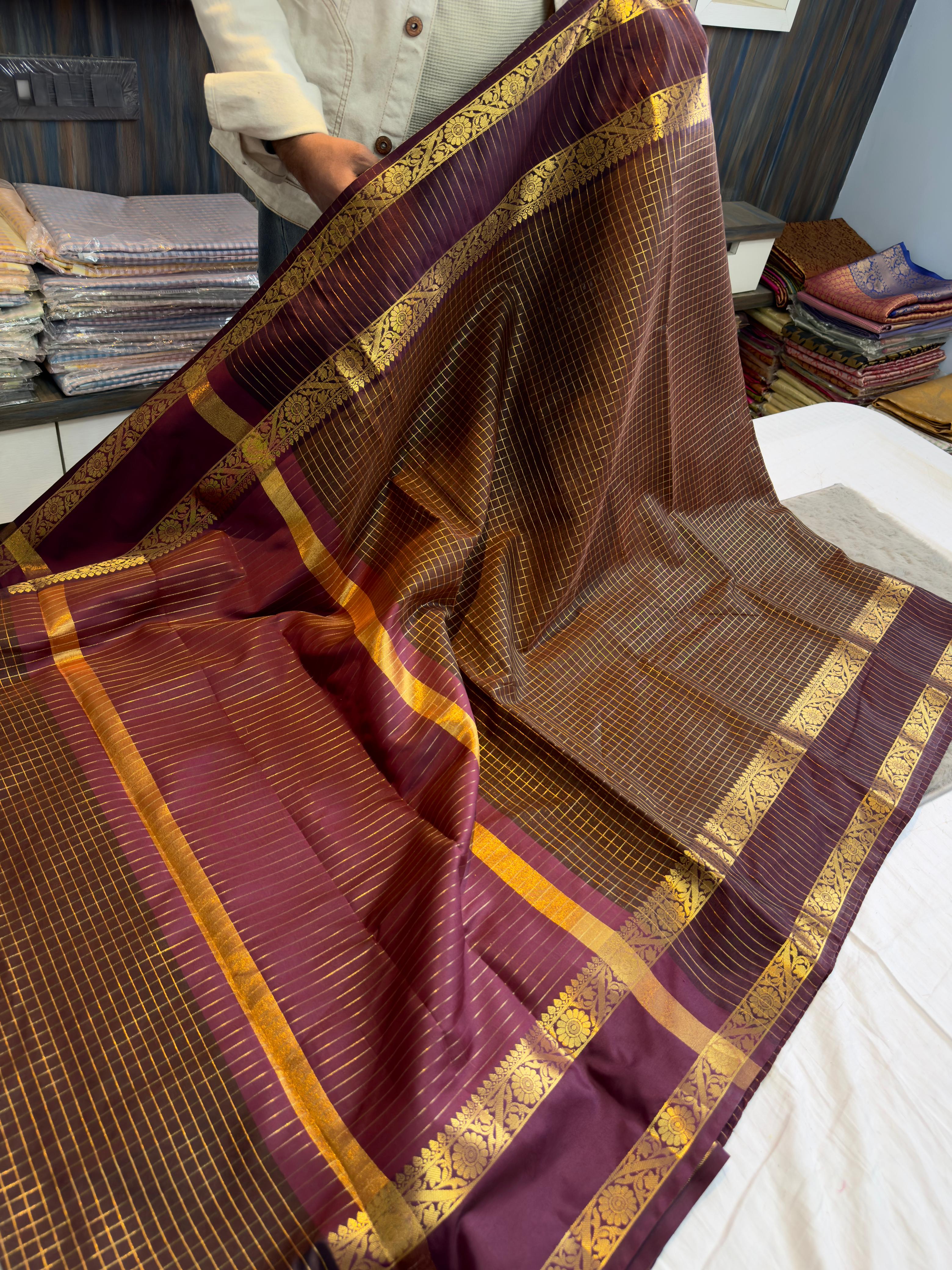 Benaresi soft silk checks saree inspired by Rashmika's vintage look