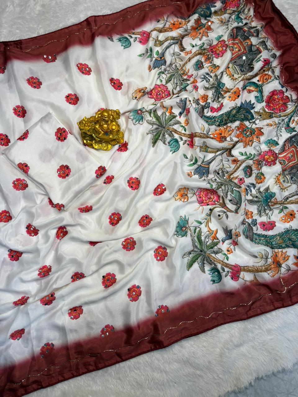 Marshmallow chinnon silk Ajrak print saree ✨