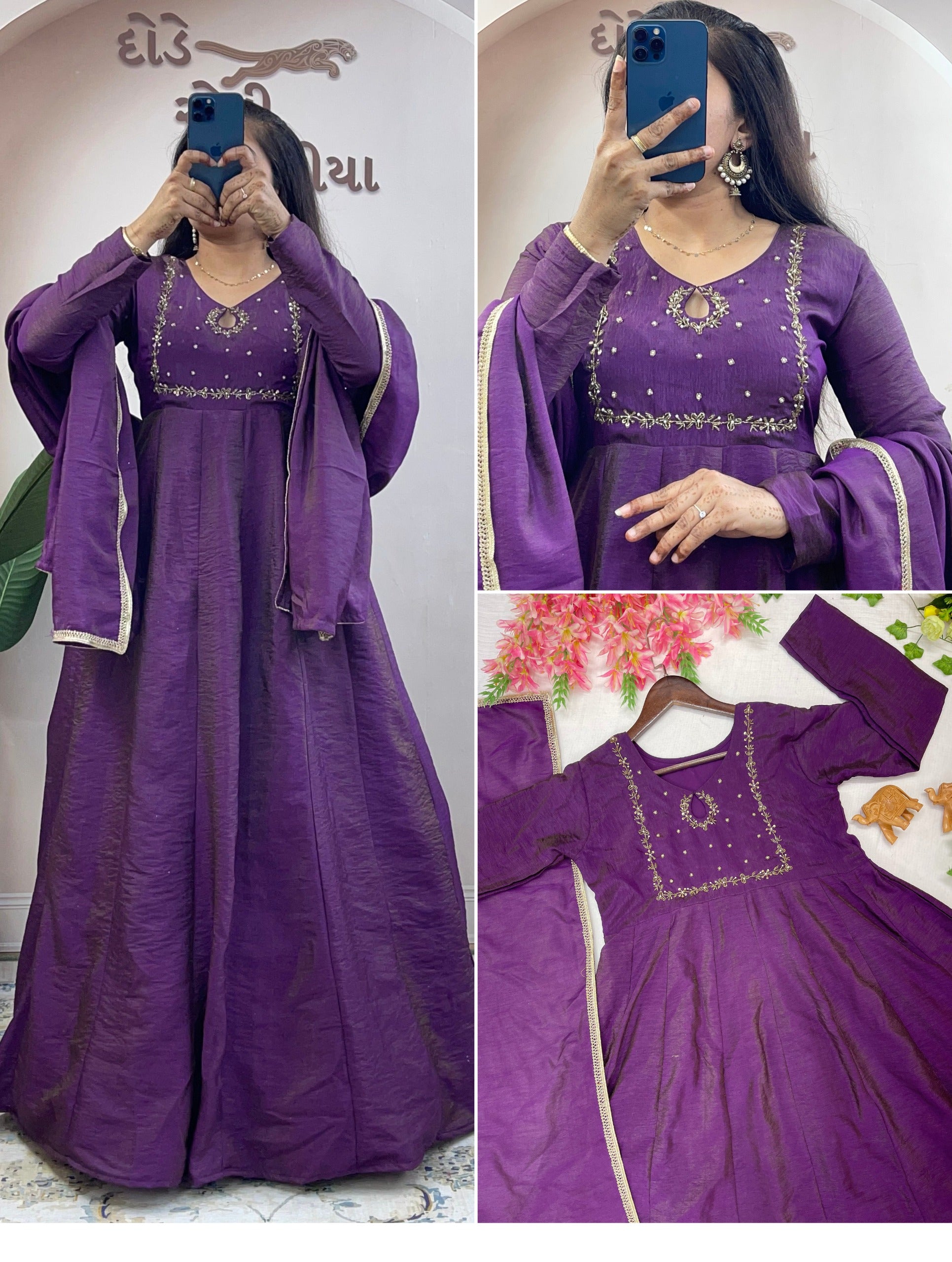 vichithra silk hand work gown with duppatta