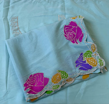 Star georgette hand painted Rose  jarkhana work saree