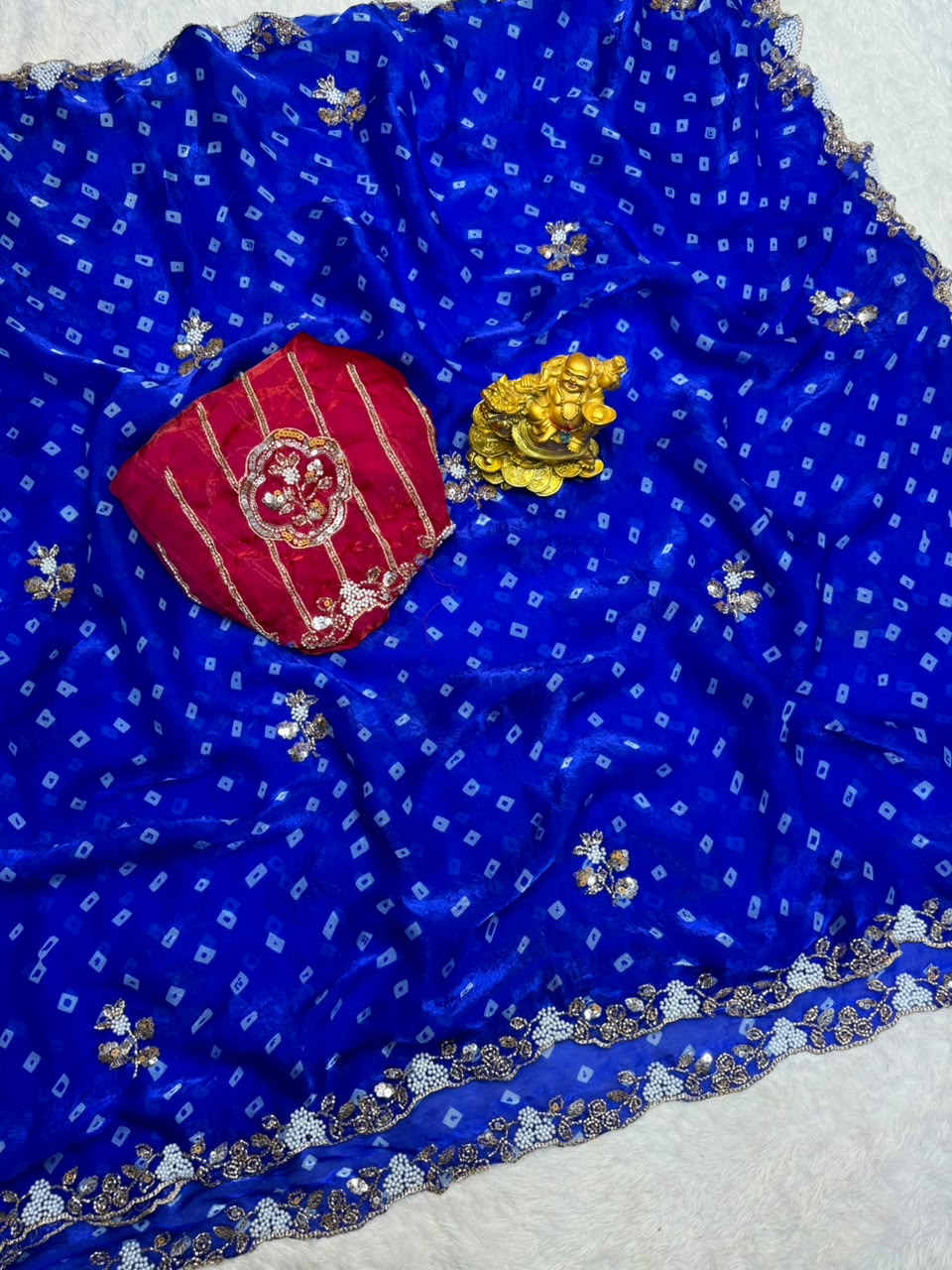Sakhi space silk bandhini print saree with beeds pearl work ✨