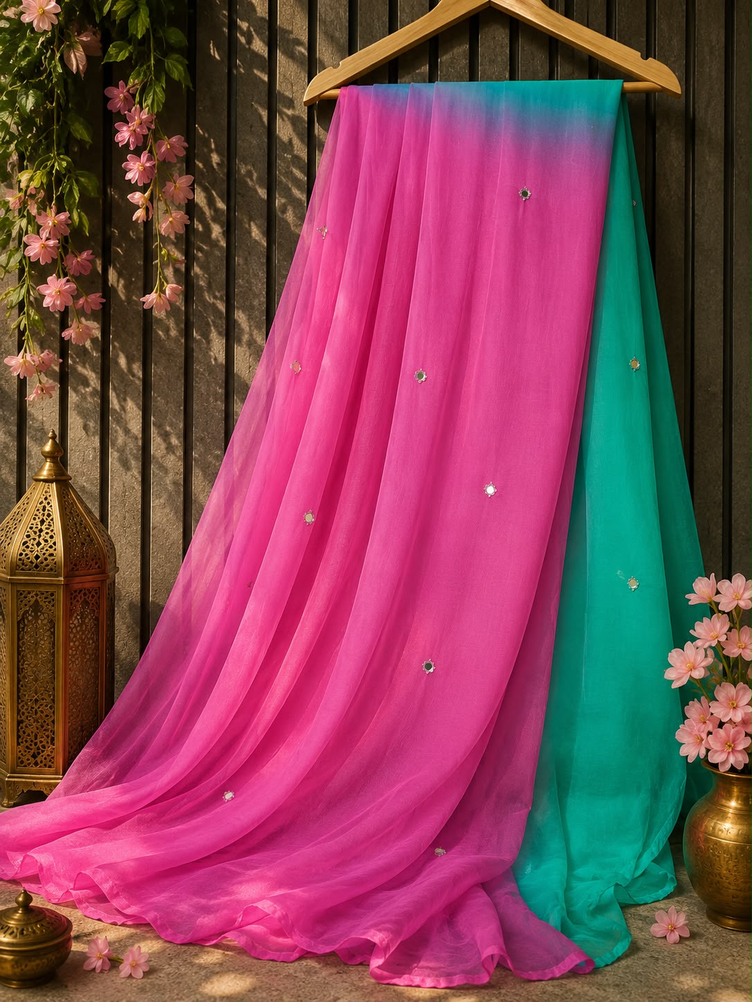 Dula shade shiffon mirror work saree