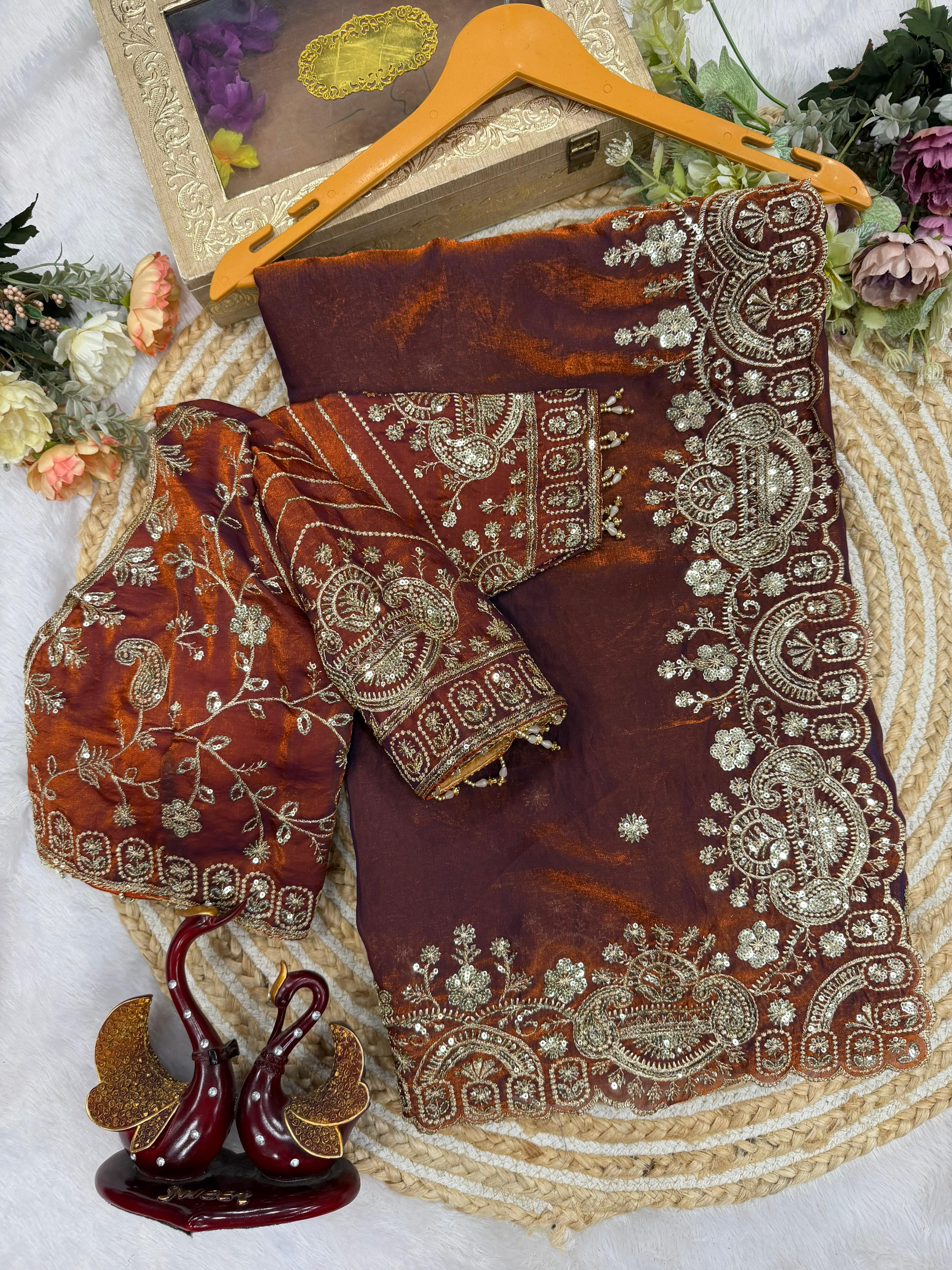 Space silk designer saree with stitched blouse