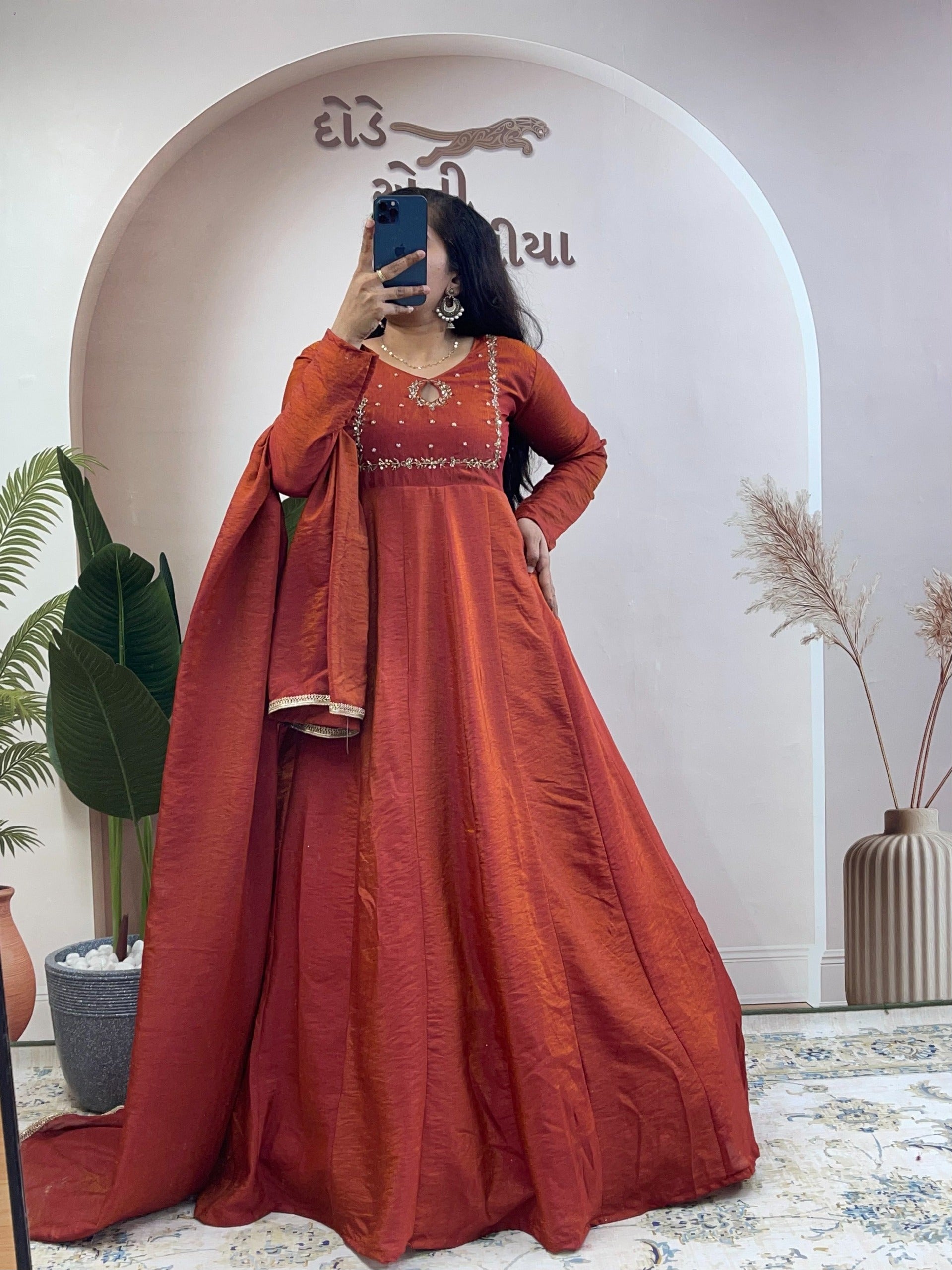 vichithra silk hand work gown with duppatta