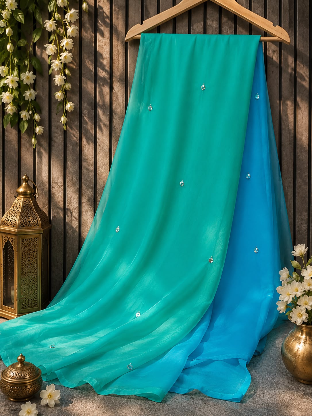 Dula shade shiffon mirror work saree