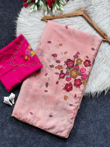Soft Tabi silk flower print hand work saree