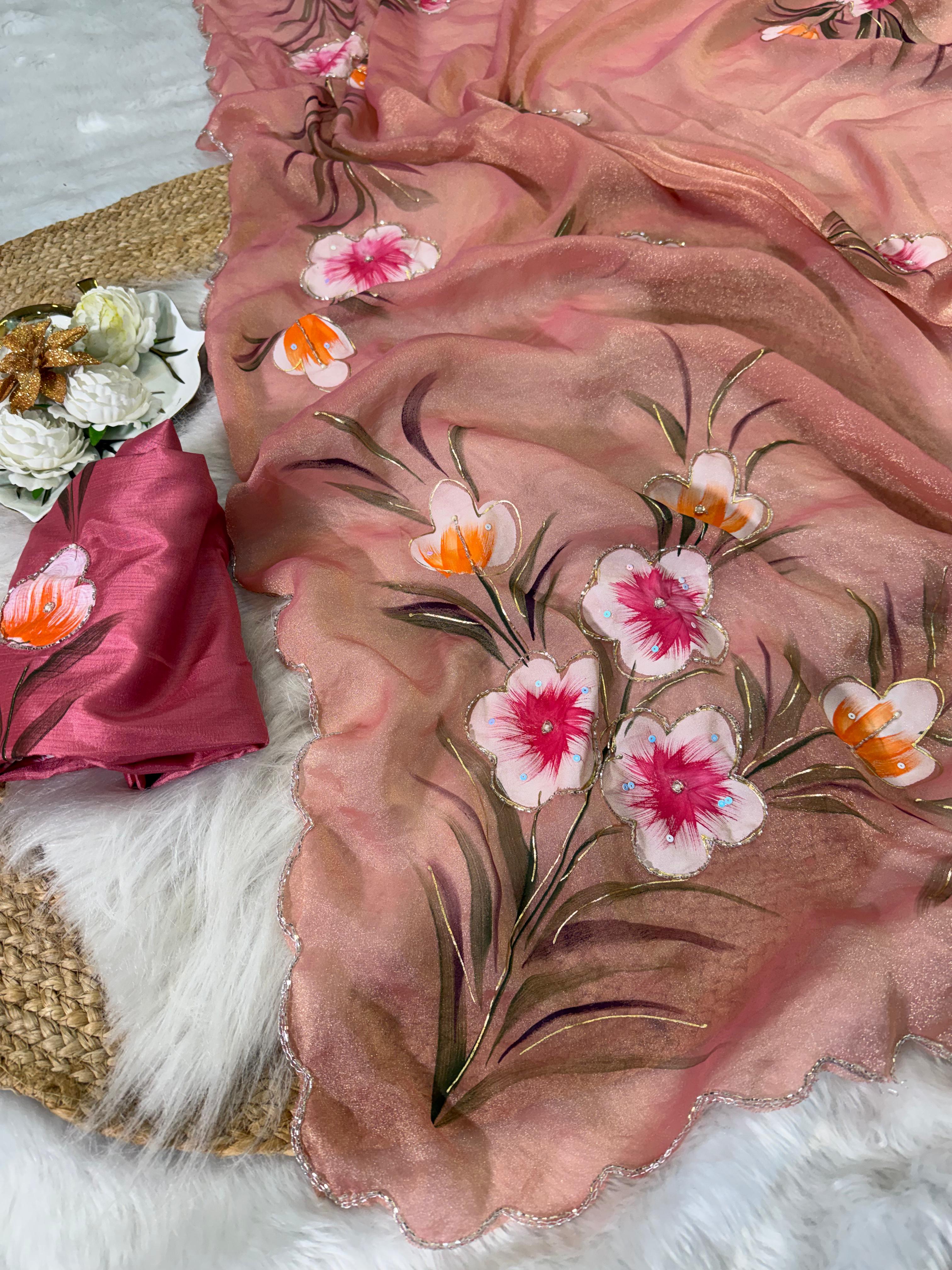 Moss shiffon hand brush flower paint saree