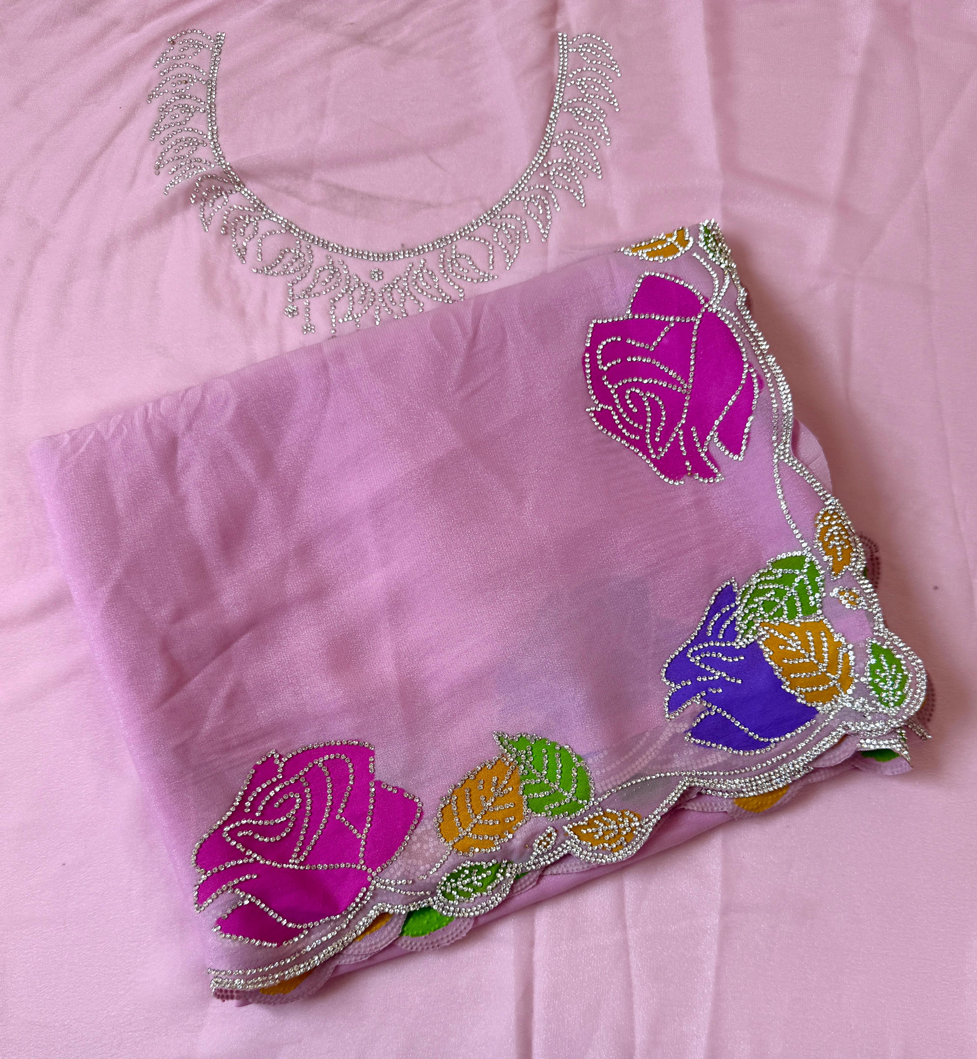 Star georgette hand painted Rose  jarkhana work saree