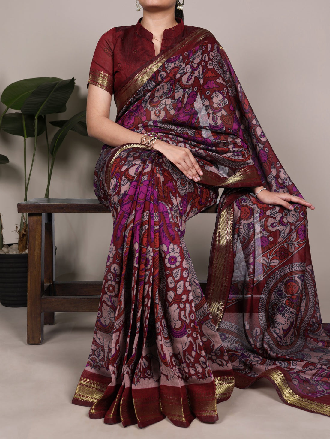 Elegant Kalamkari inspired print chenderi saree