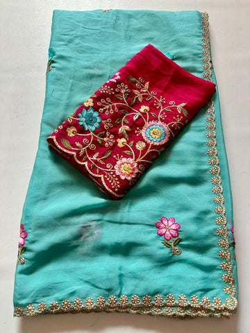 Star Georgette with embroidery sequence work saree