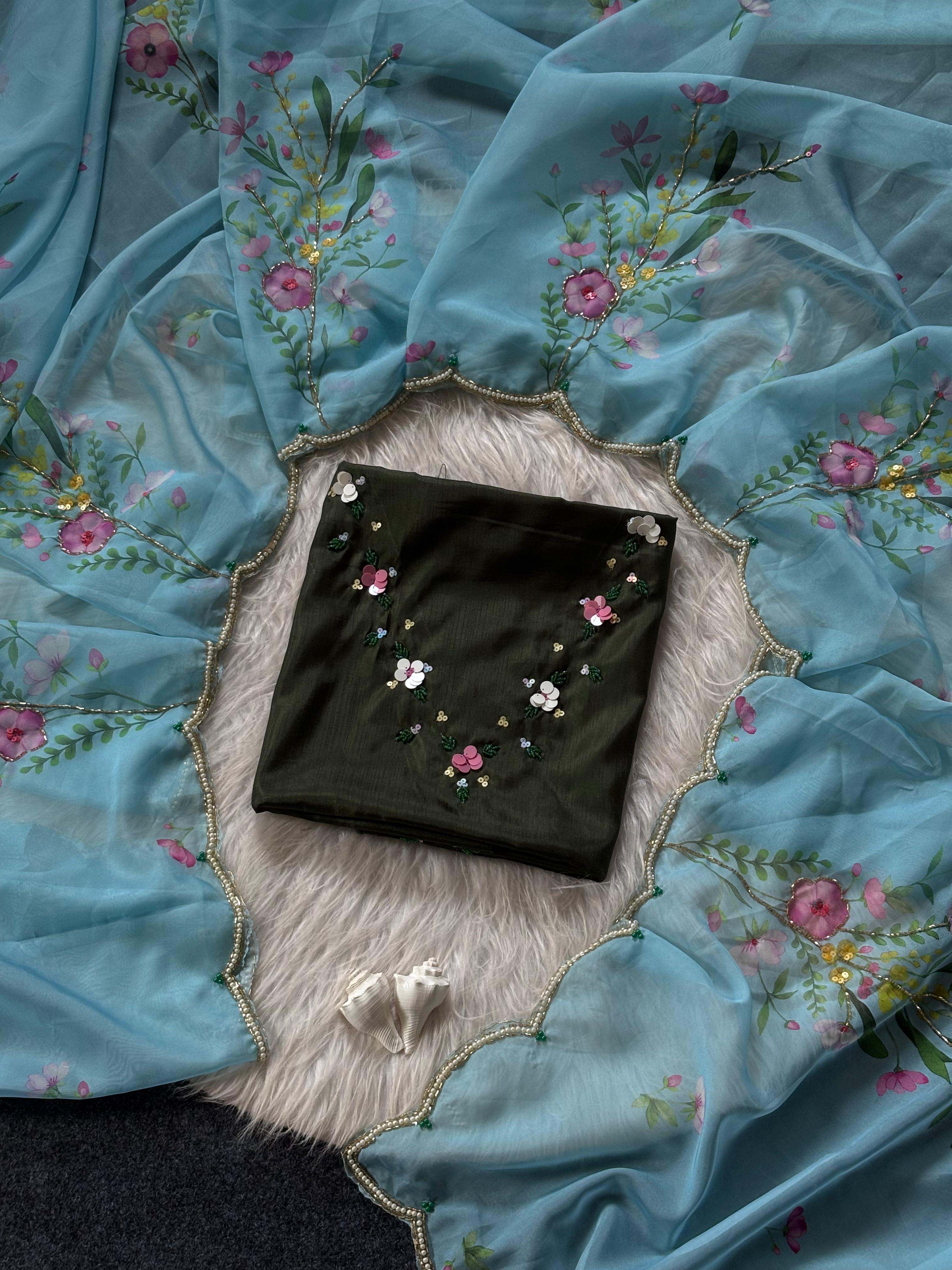 Soft Tabi hand work flower print organza saree