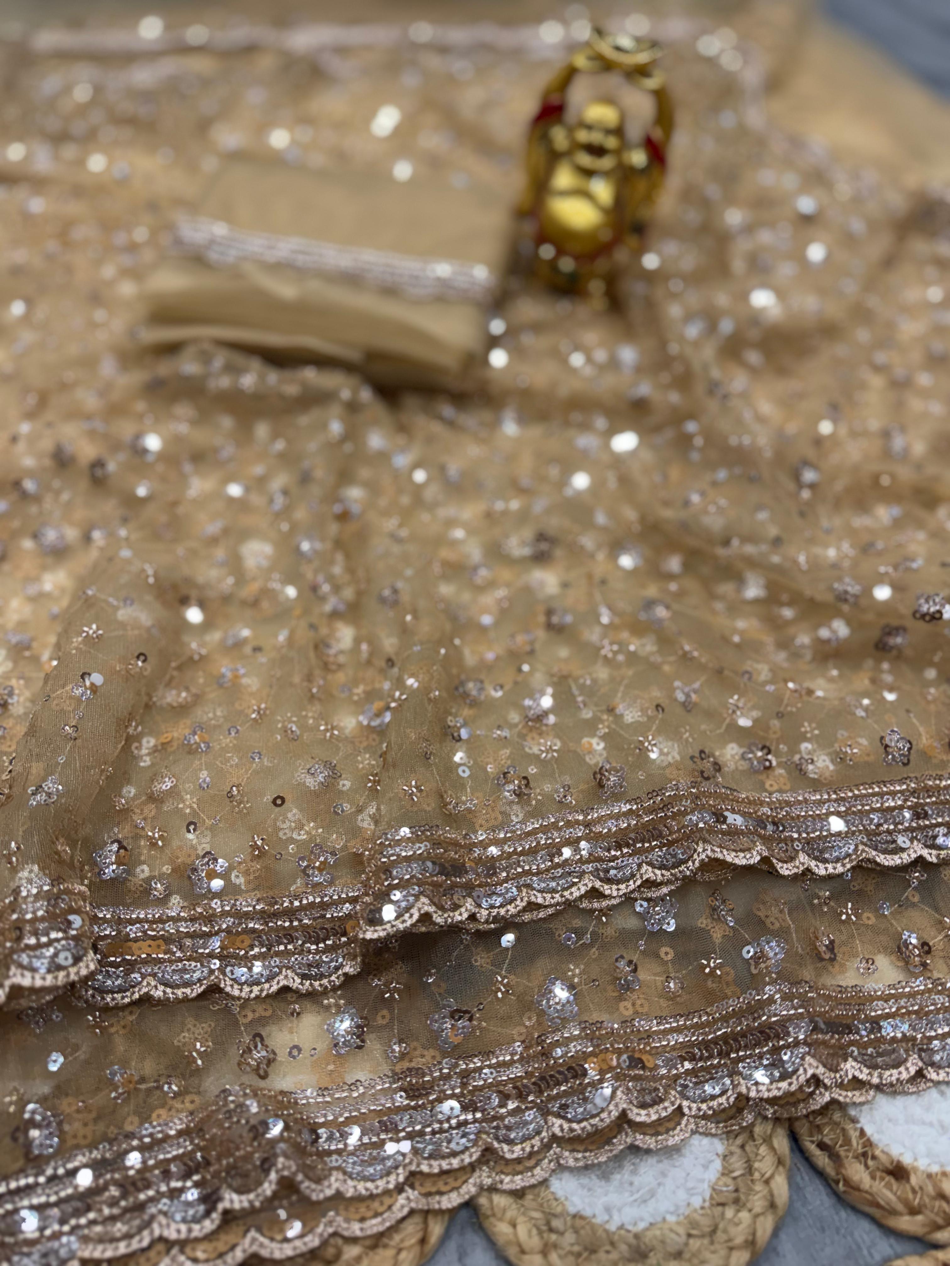 Party wear original gold beeds pure net work saree