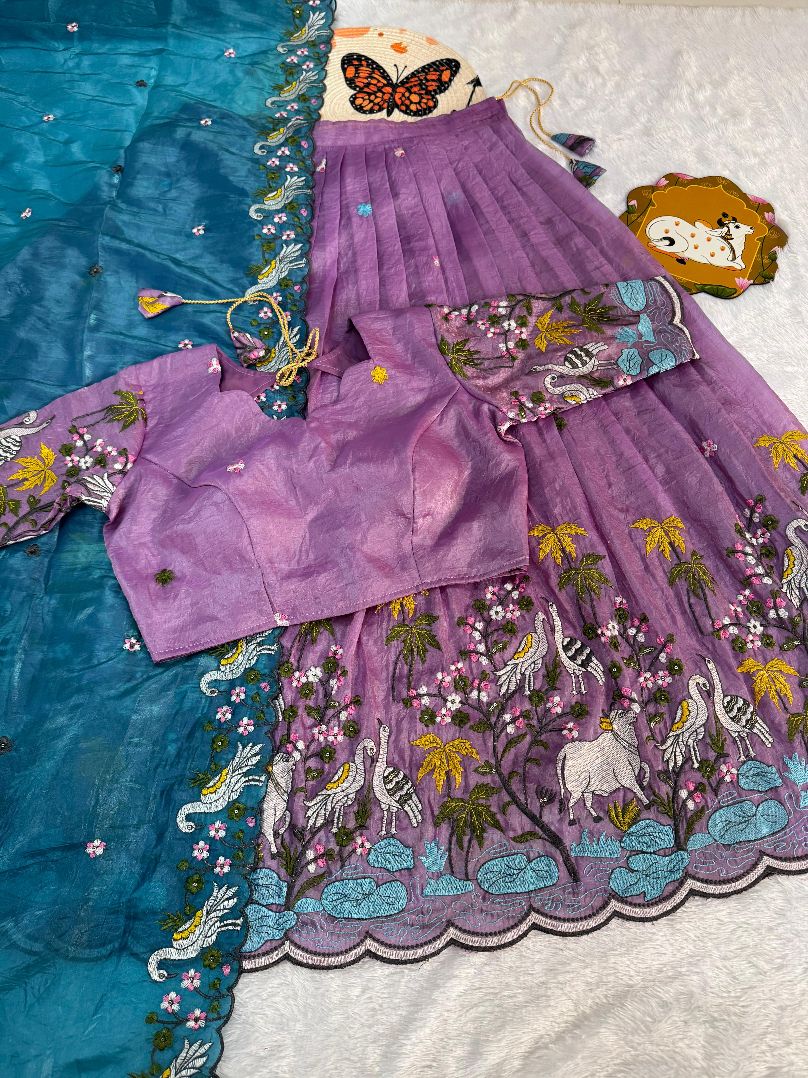 Pichwai embroidery crush silk lehenga