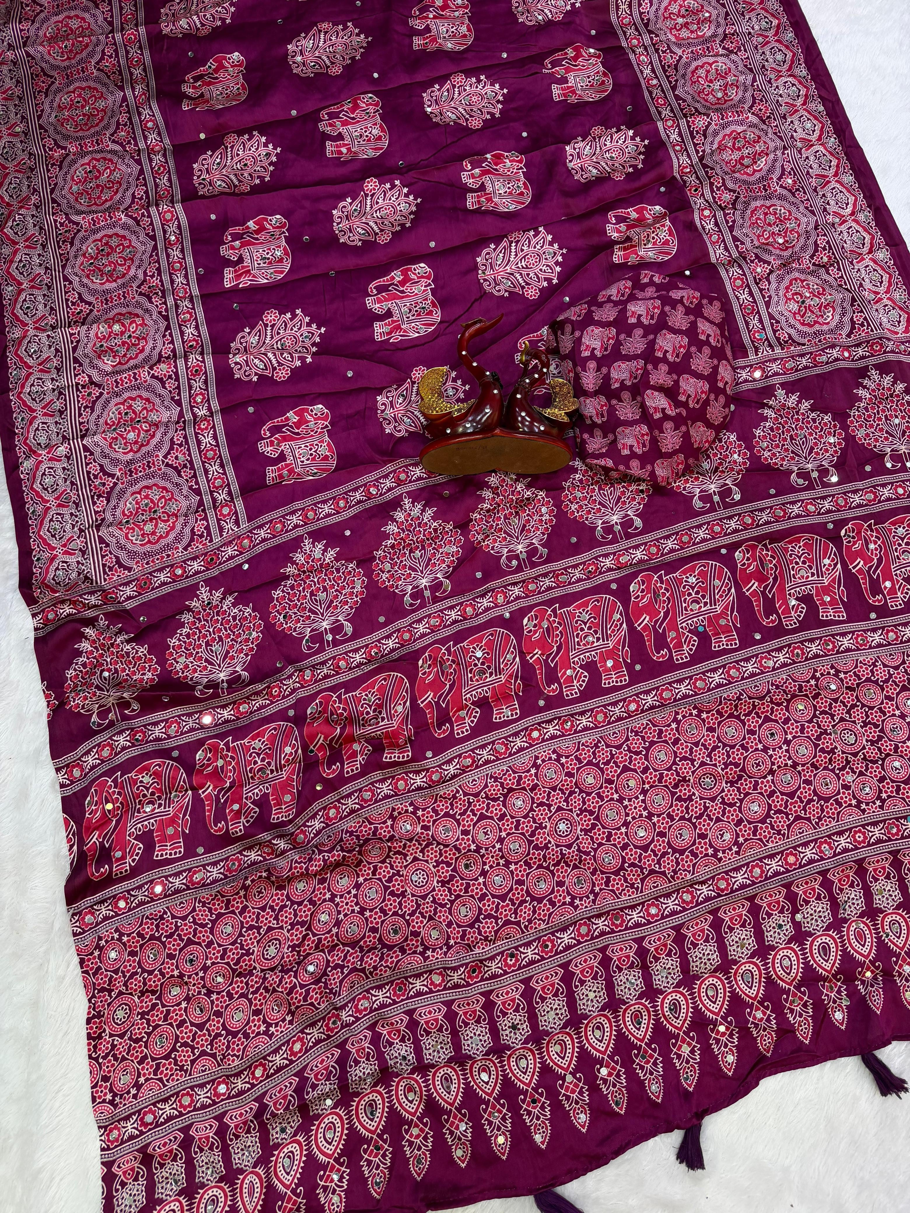 Japan satin beautiful Ajarakh print mirror work saree ✨