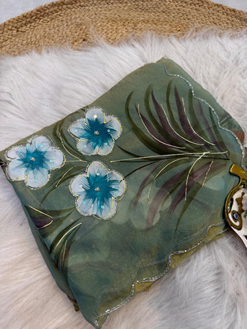 Moss shiffon hand brush flower paint saree