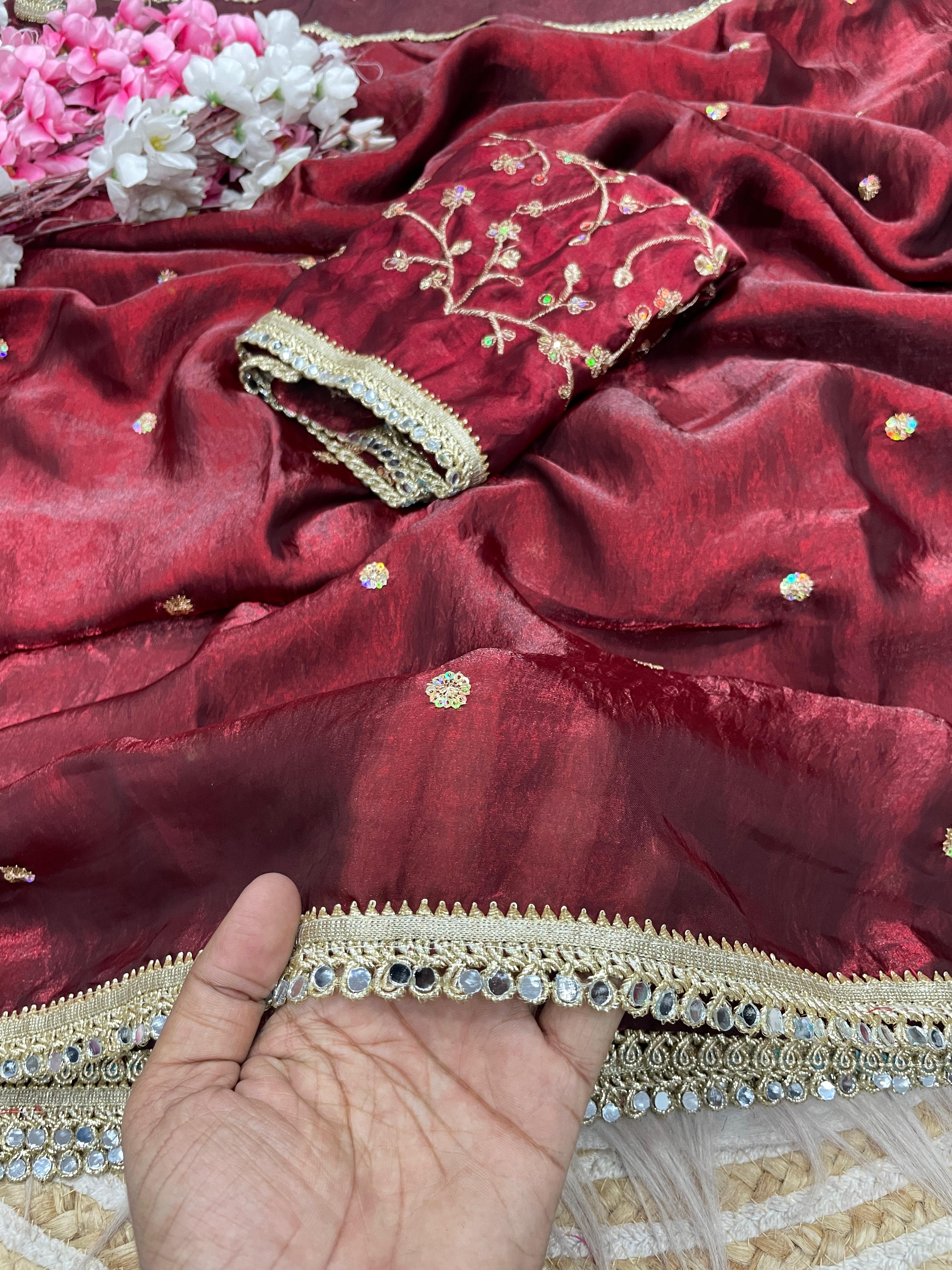 Fandy satin mirror work lace border saree