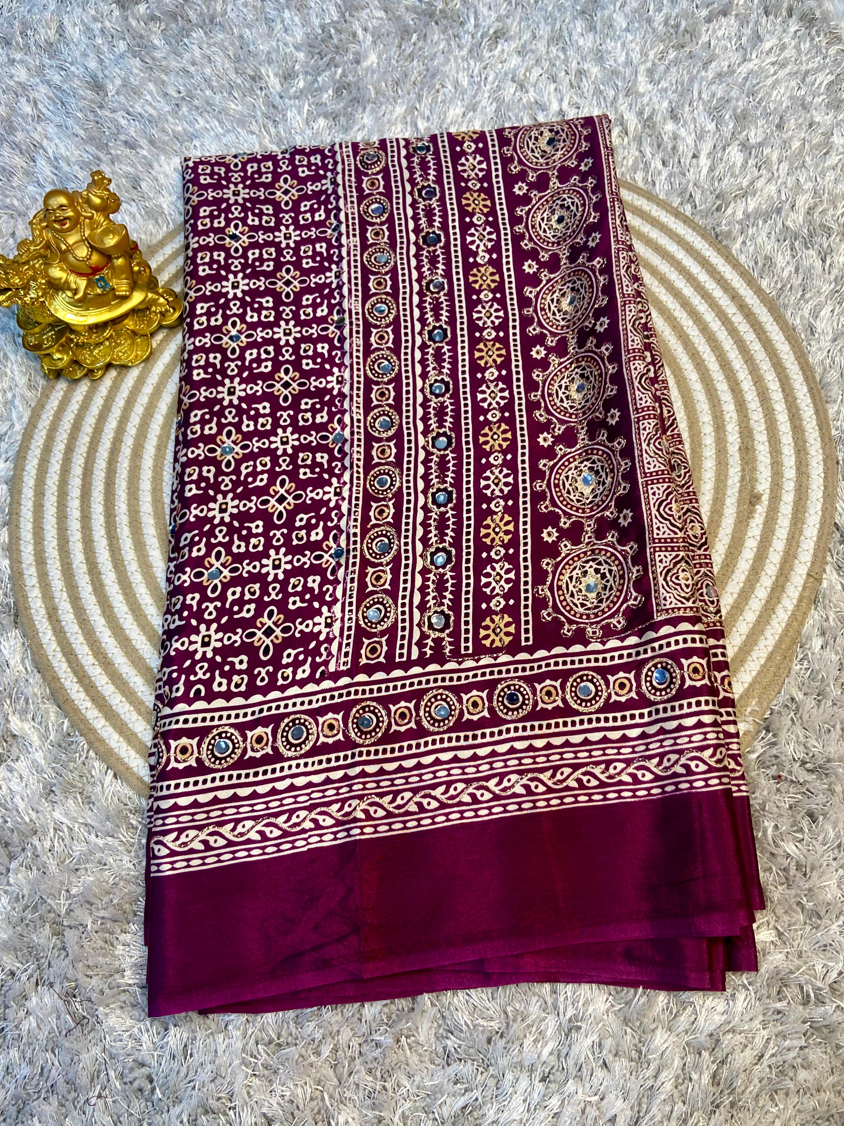 Ajrak model soft crepe silk mirror work saree