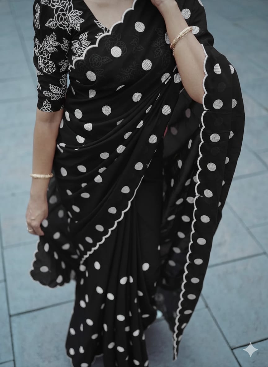 polka dot thread work scalp border saree
