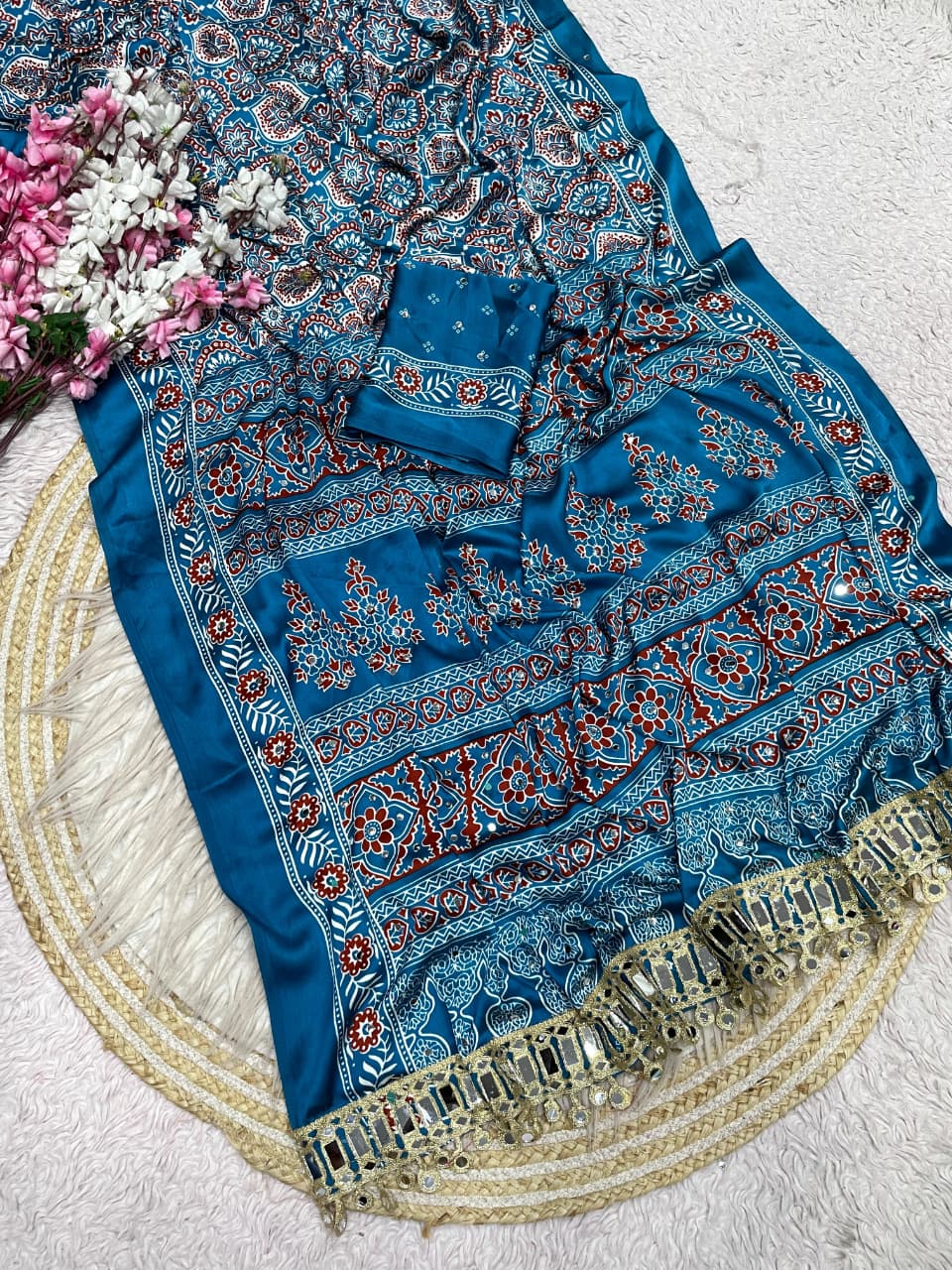 Ajrak satin viscose silk saree ✨