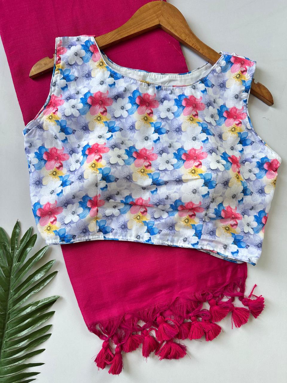 Khadi cotton Saree with mix cotton printed blouse