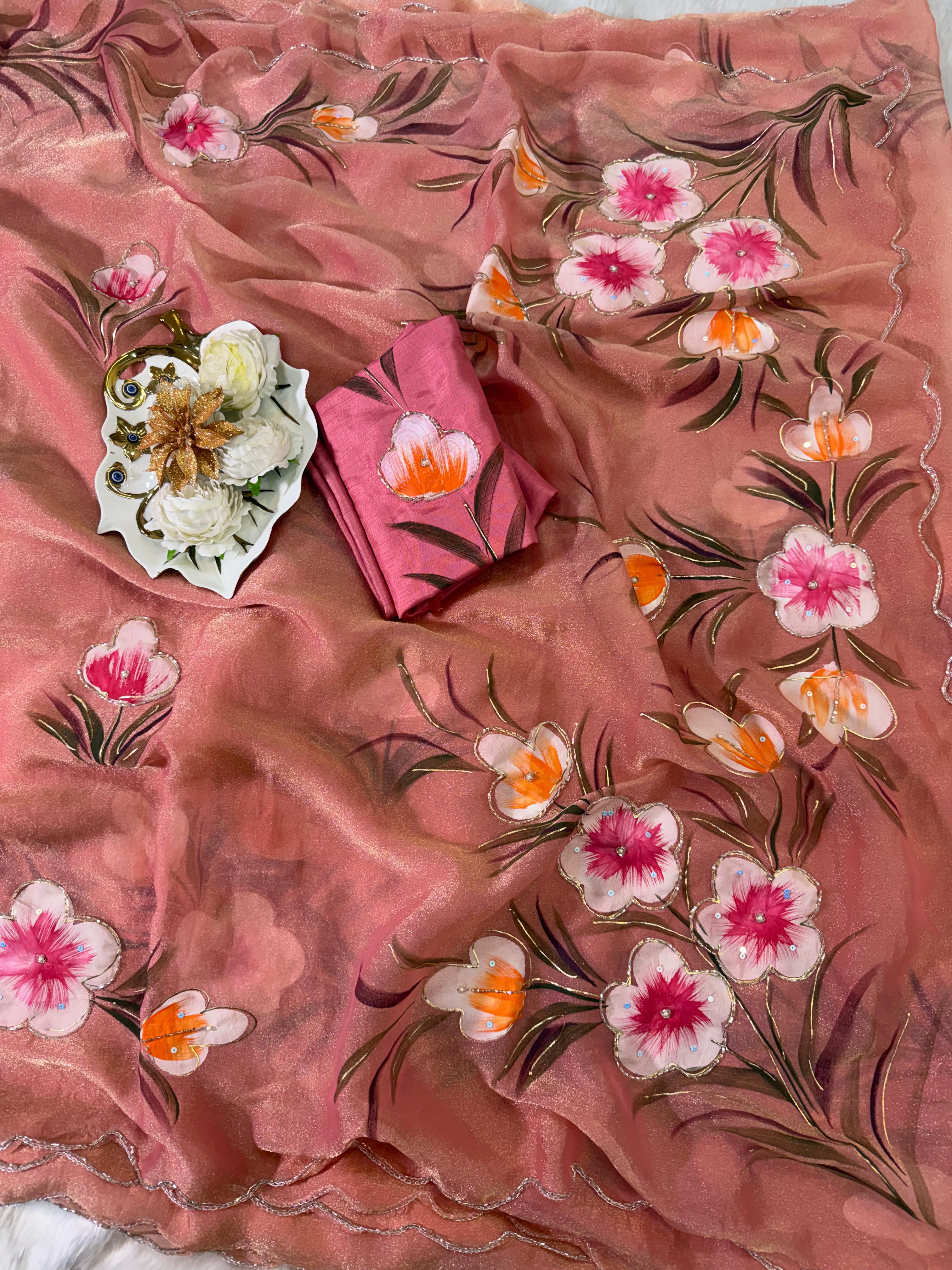 Moss shiffon hand brush flower paint saree