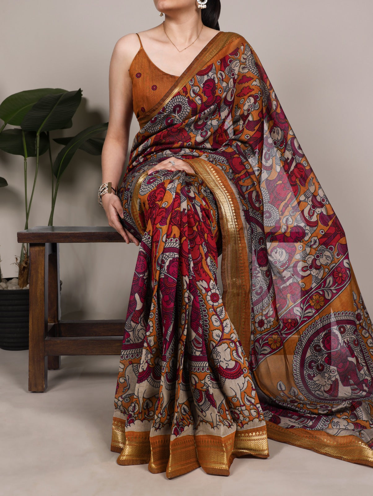 Elegant Kalamkari inspired print chenderi saree