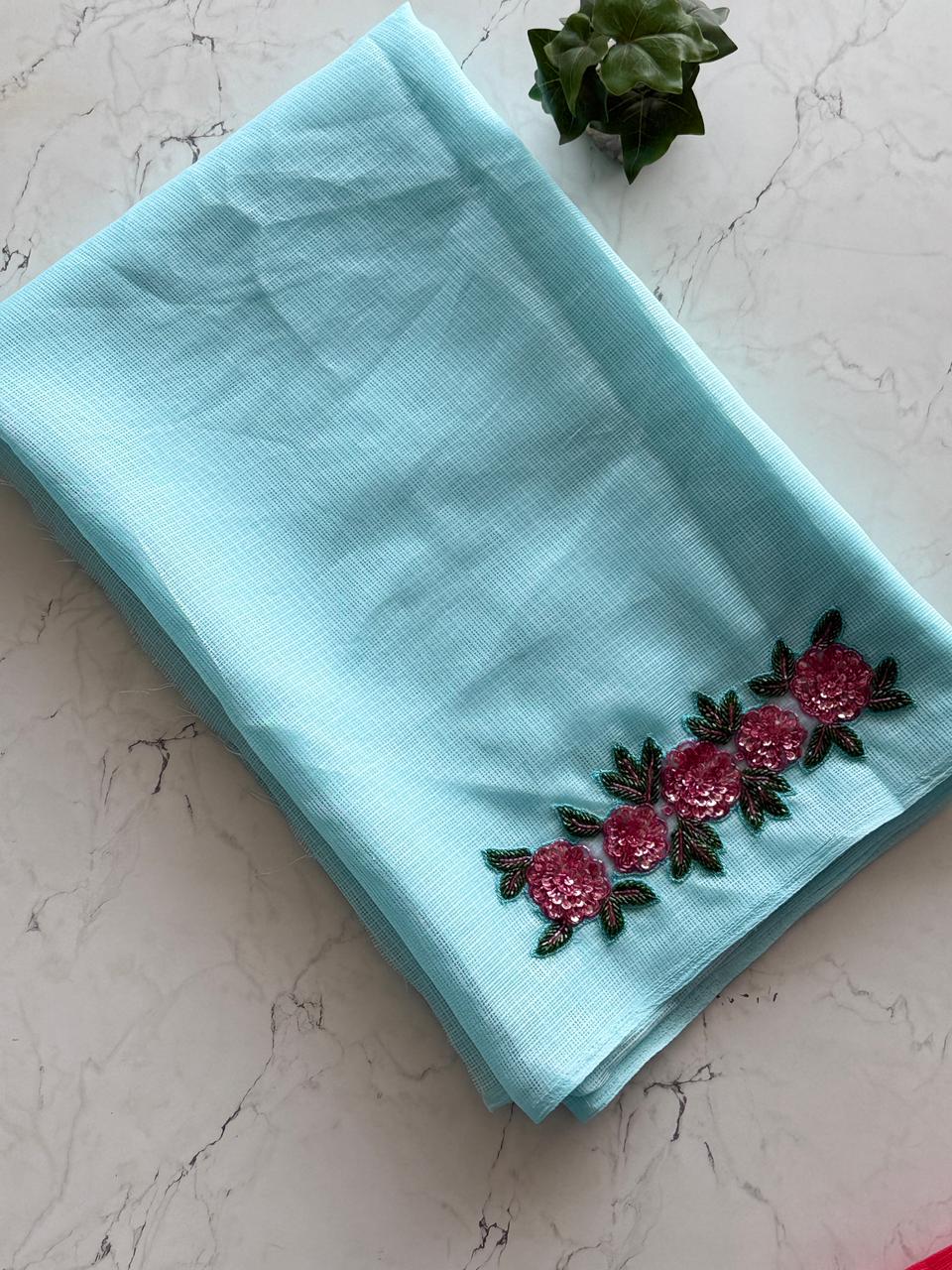 Premium kota Doria saree with hand cut Dana work
