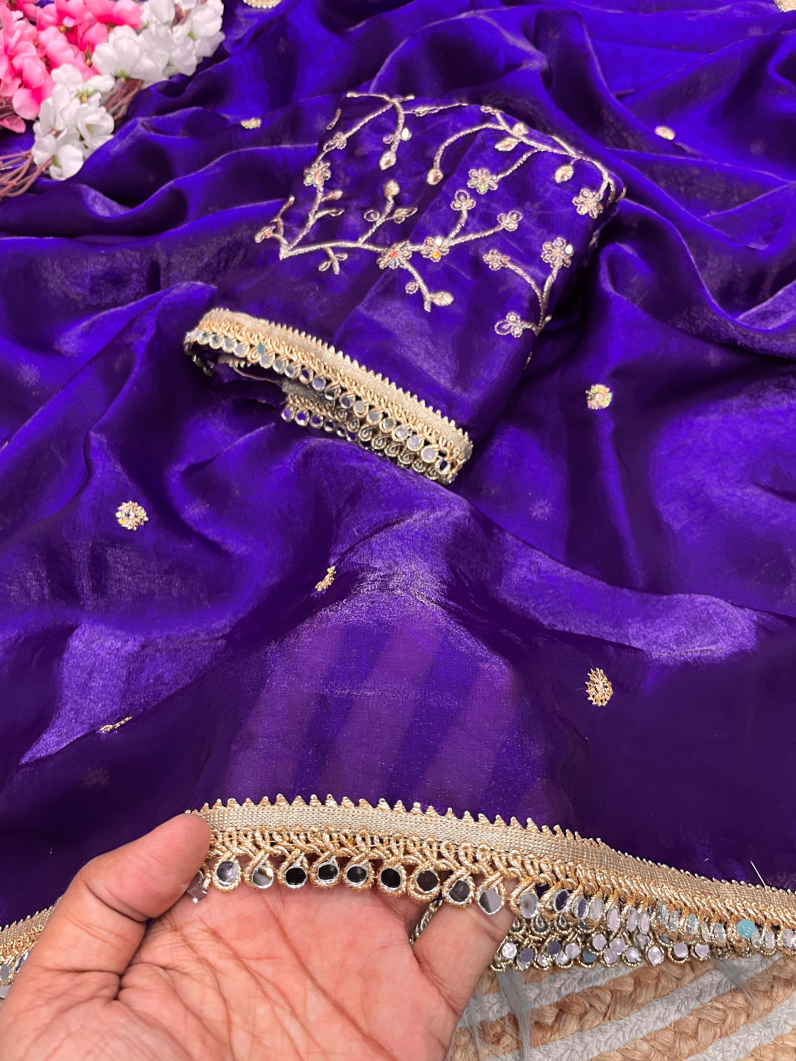 Fandy satin mirror work lace border saree