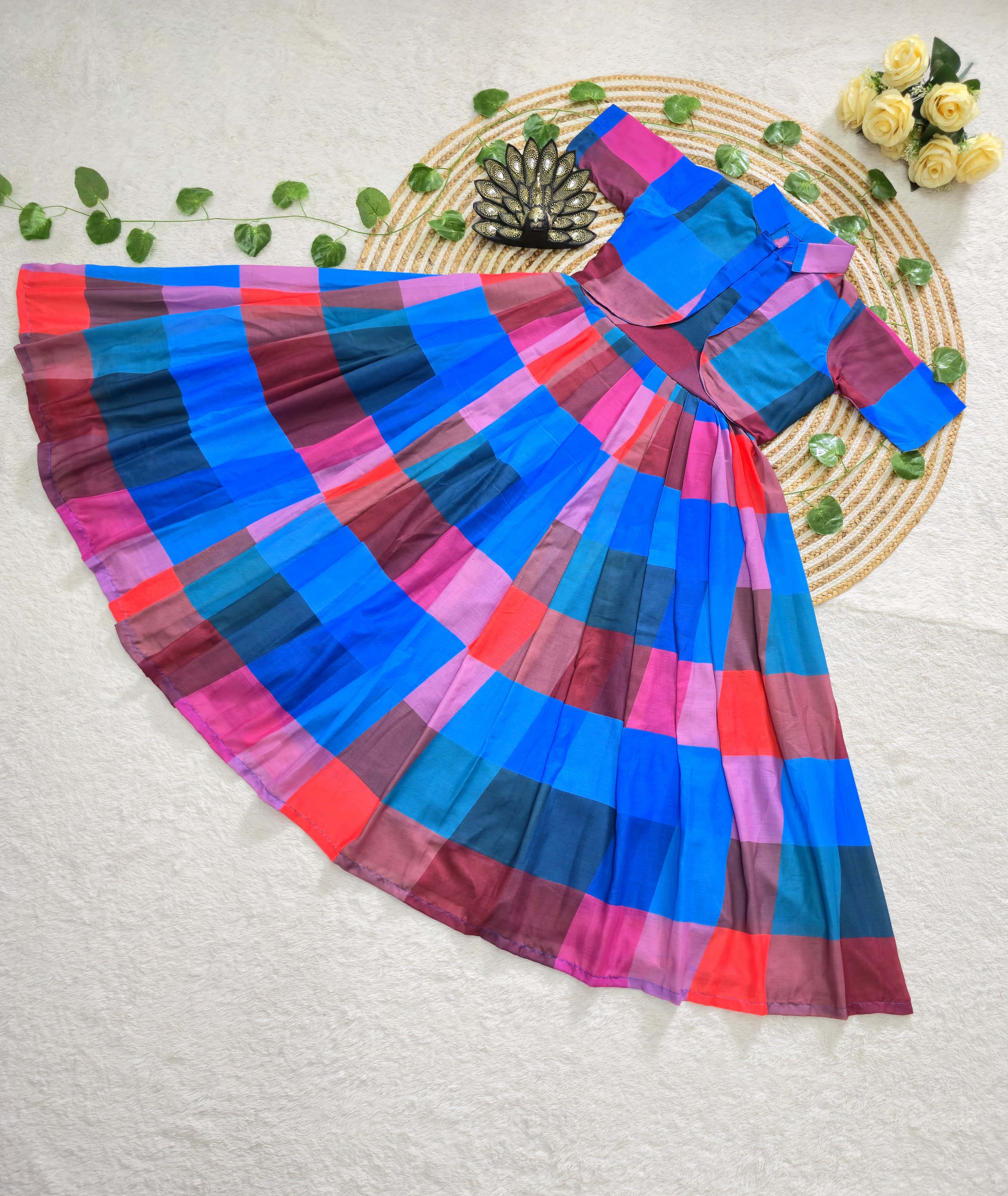 Mul Chanderi Chex printed Midi With Over Coat