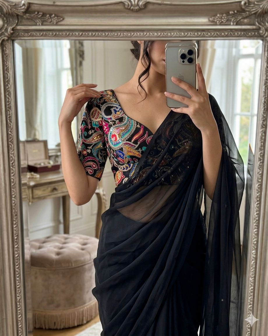 Space satin saree with position work blouse