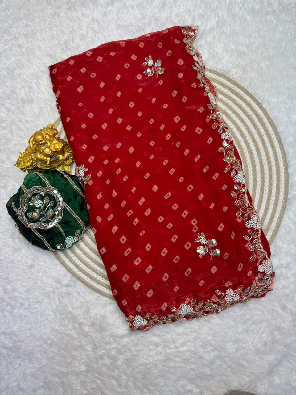 Sakhi space silk bandhini print saree with beeds pearl work ✨