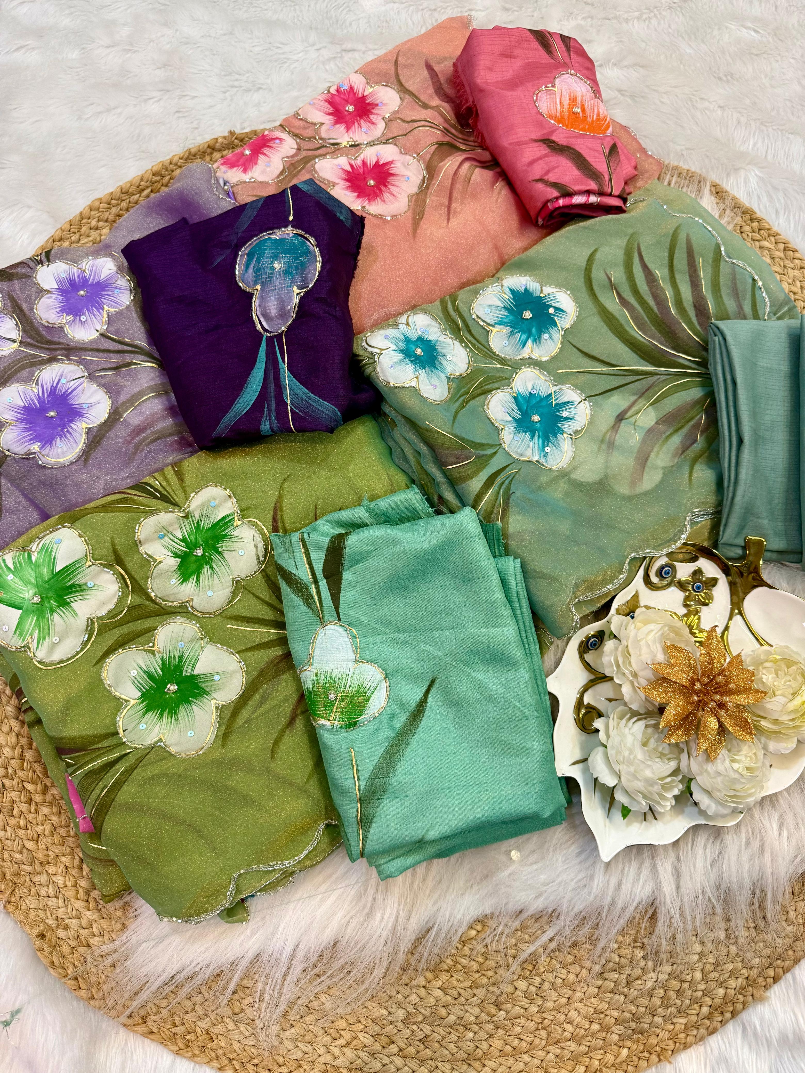 Moss shiffon hand brush flower paint saree
