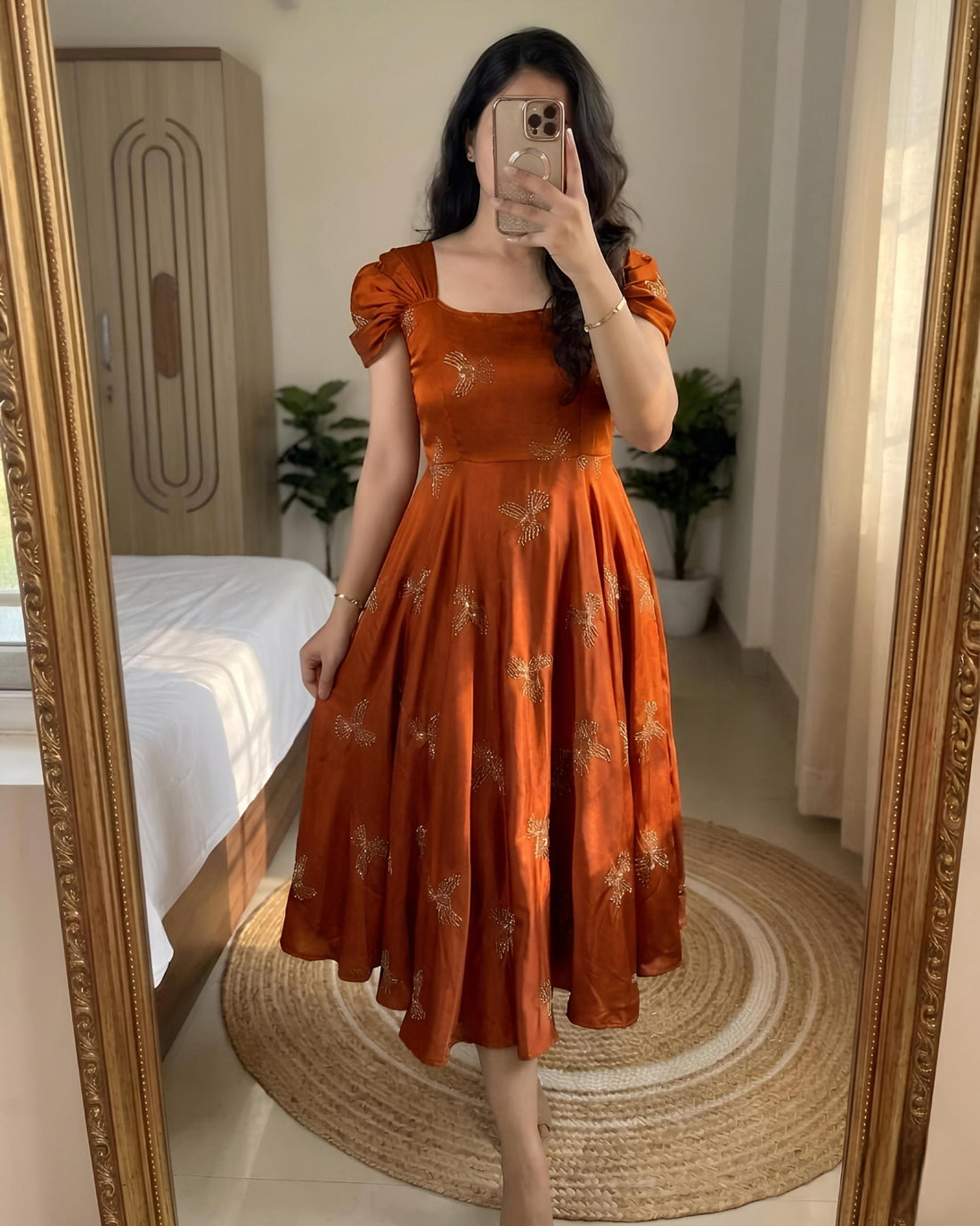 Rangoli silk sparrow beads work gown