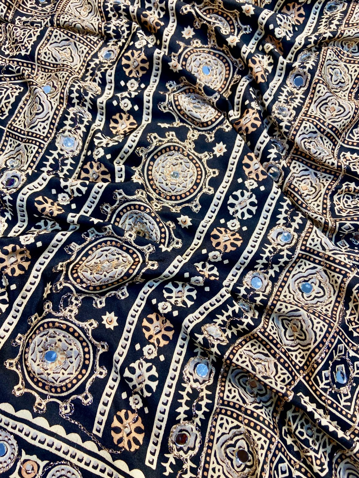 Ajrak model soft crepe silk mirror work saree
