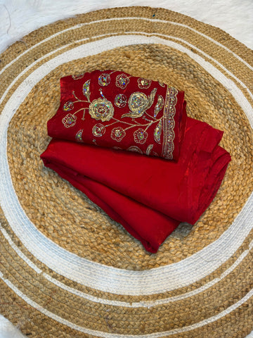 Space silk plain saree with embroidery blouse