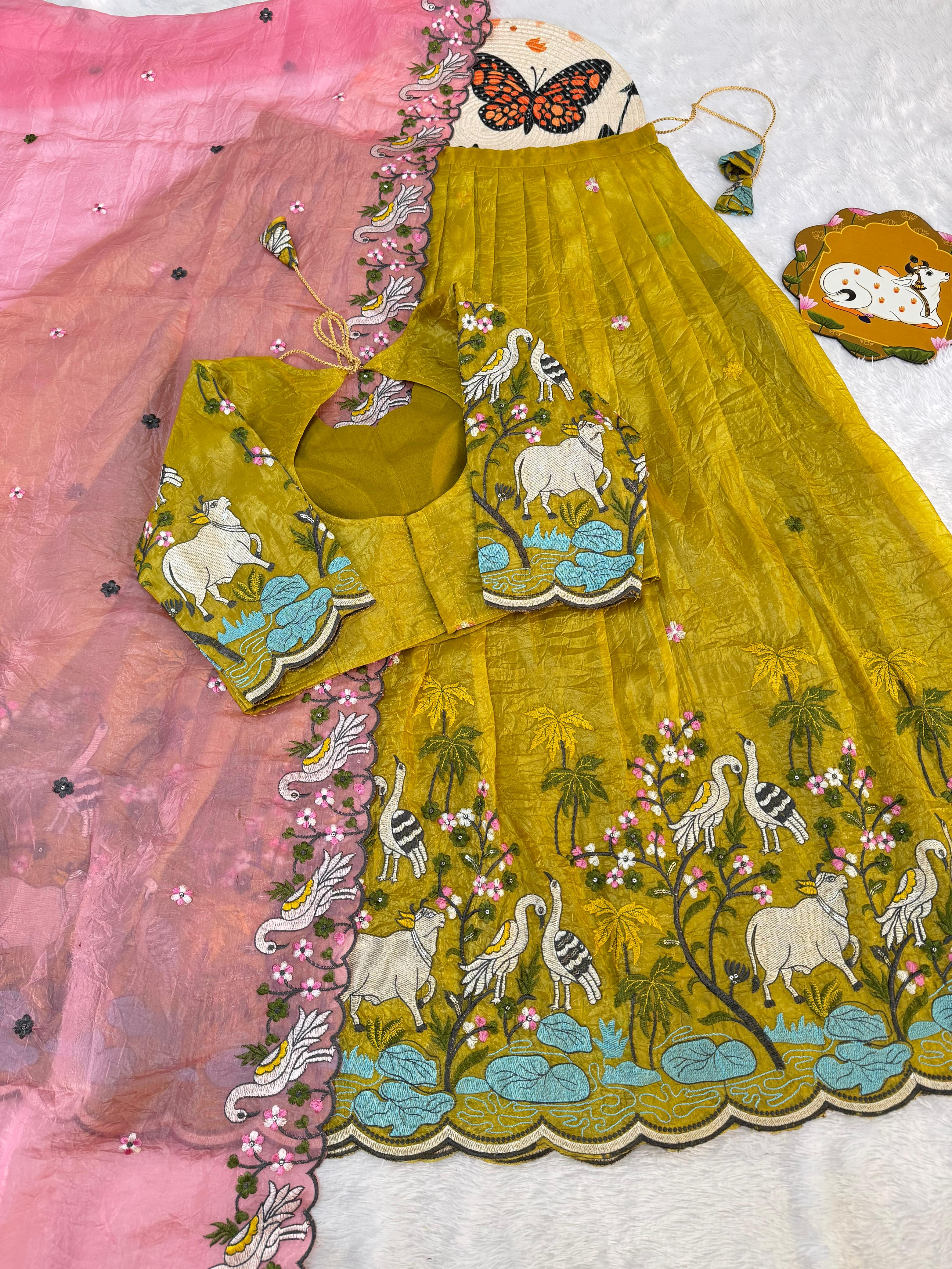 Pichwai embroidery crush silk lehenga