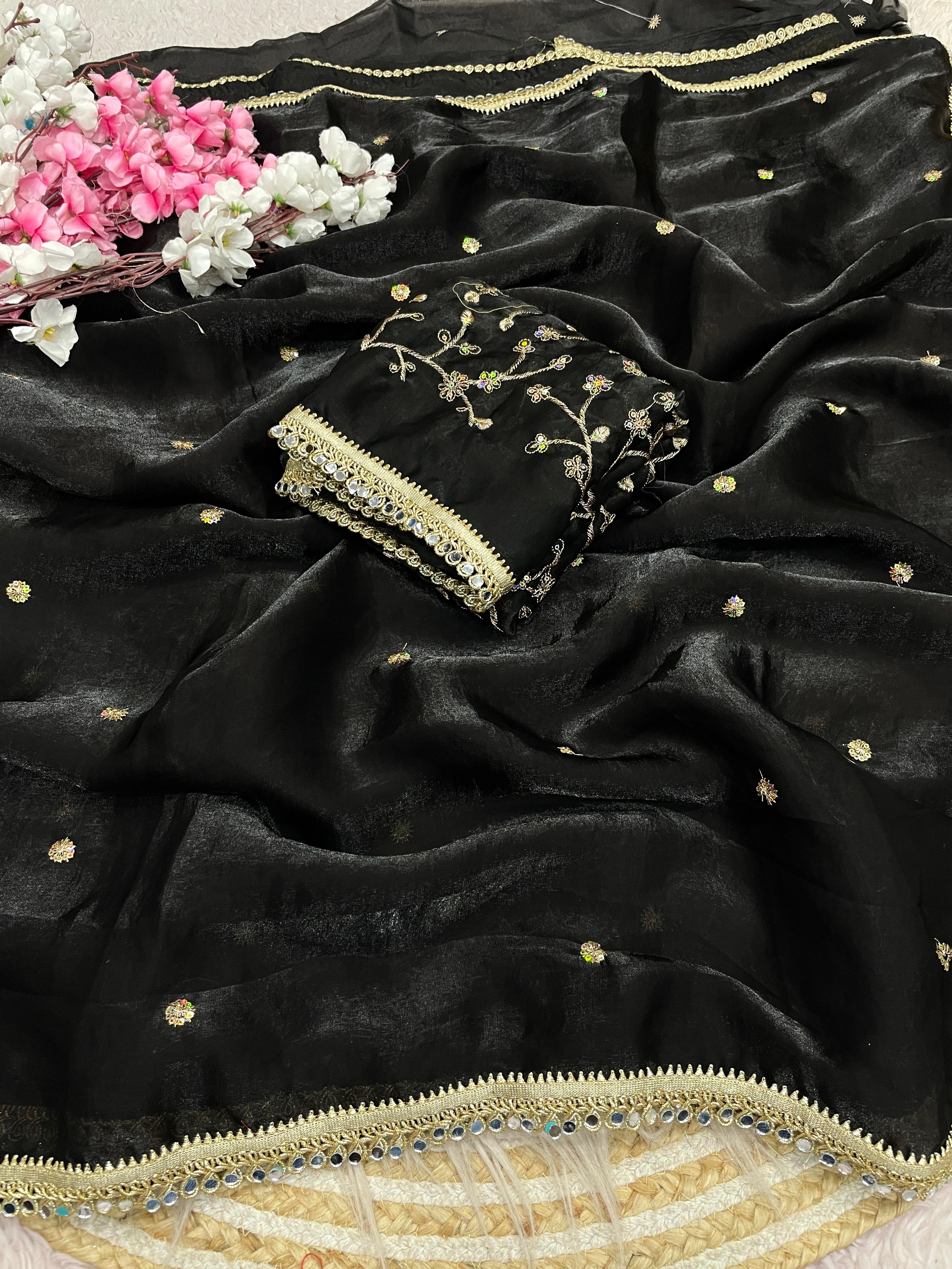 Fandy satin mirror work lace border saree