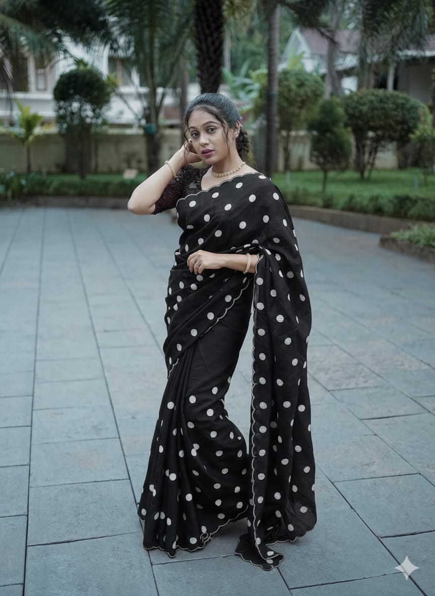 polka dot thread work scalp border saree