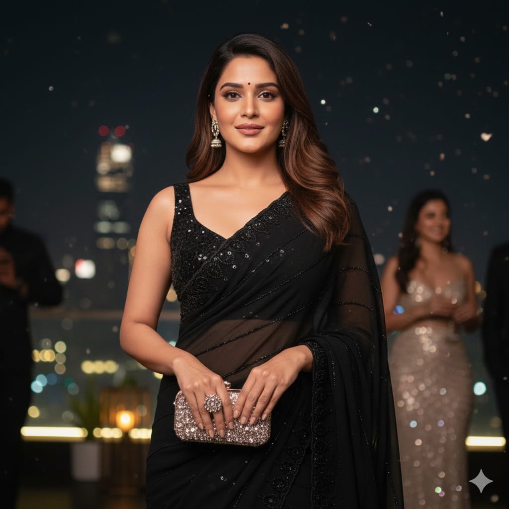 grand party wear beeds work black saree