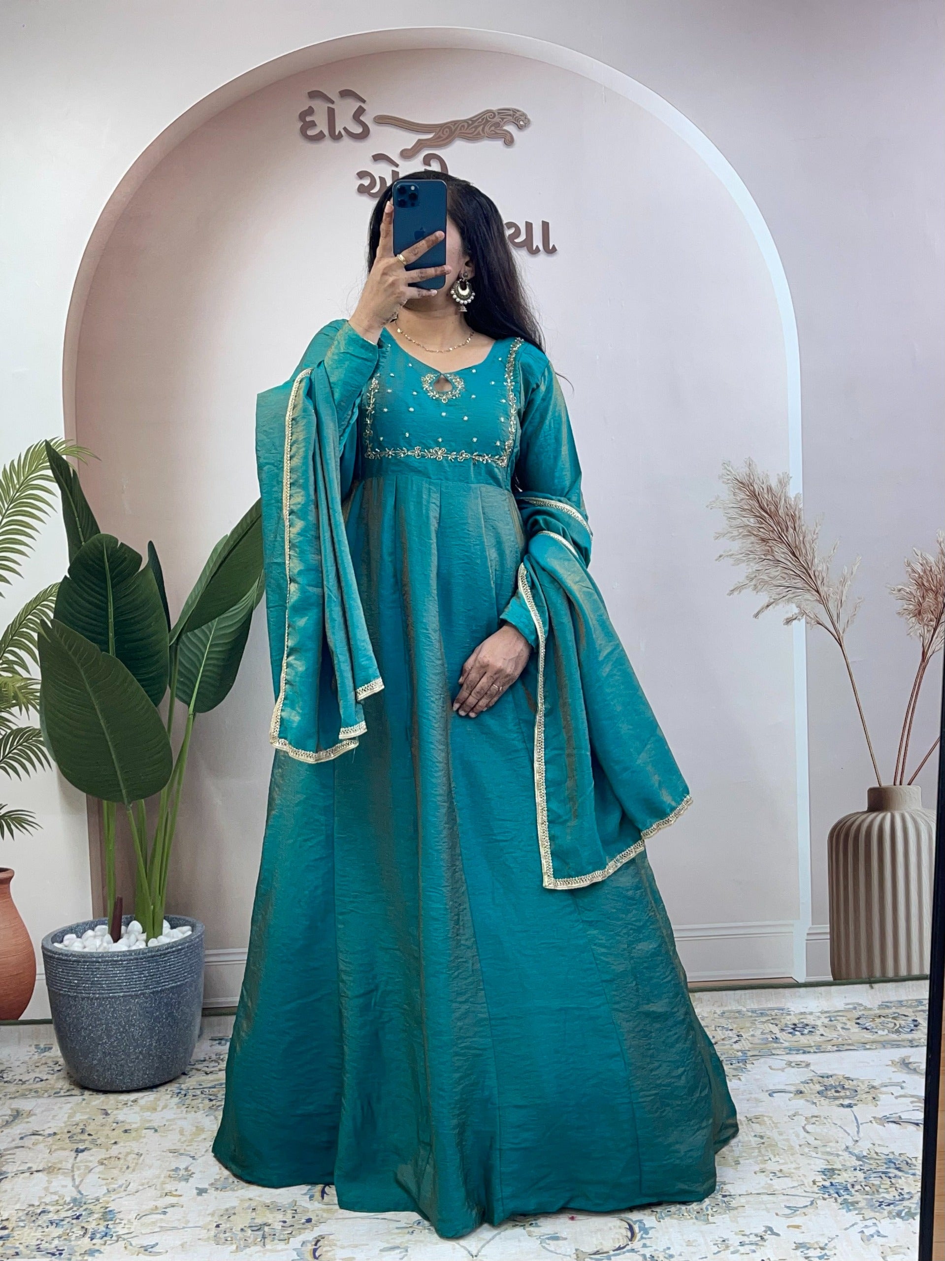 vichithra silk hand work gown with duppatta