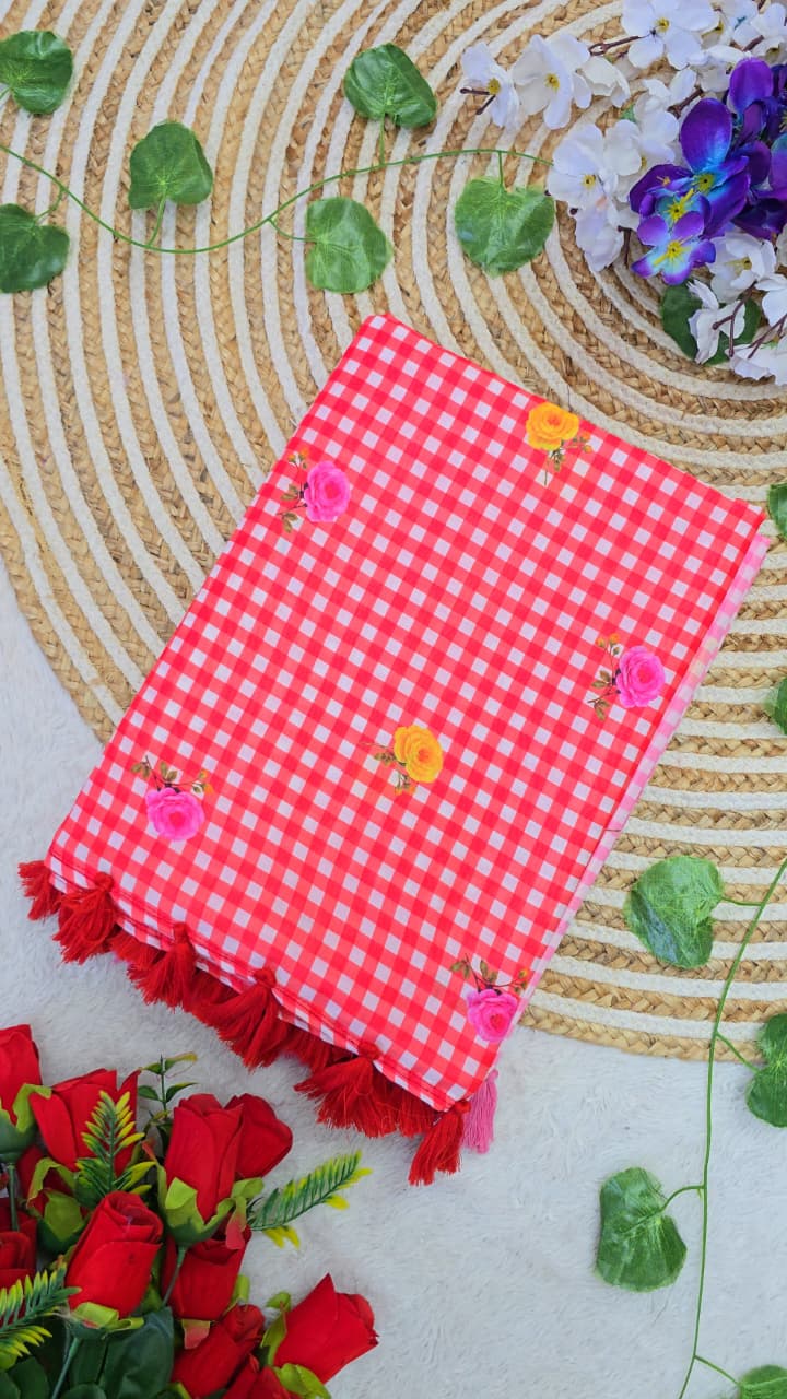 Mull cotton checks floral printed saree