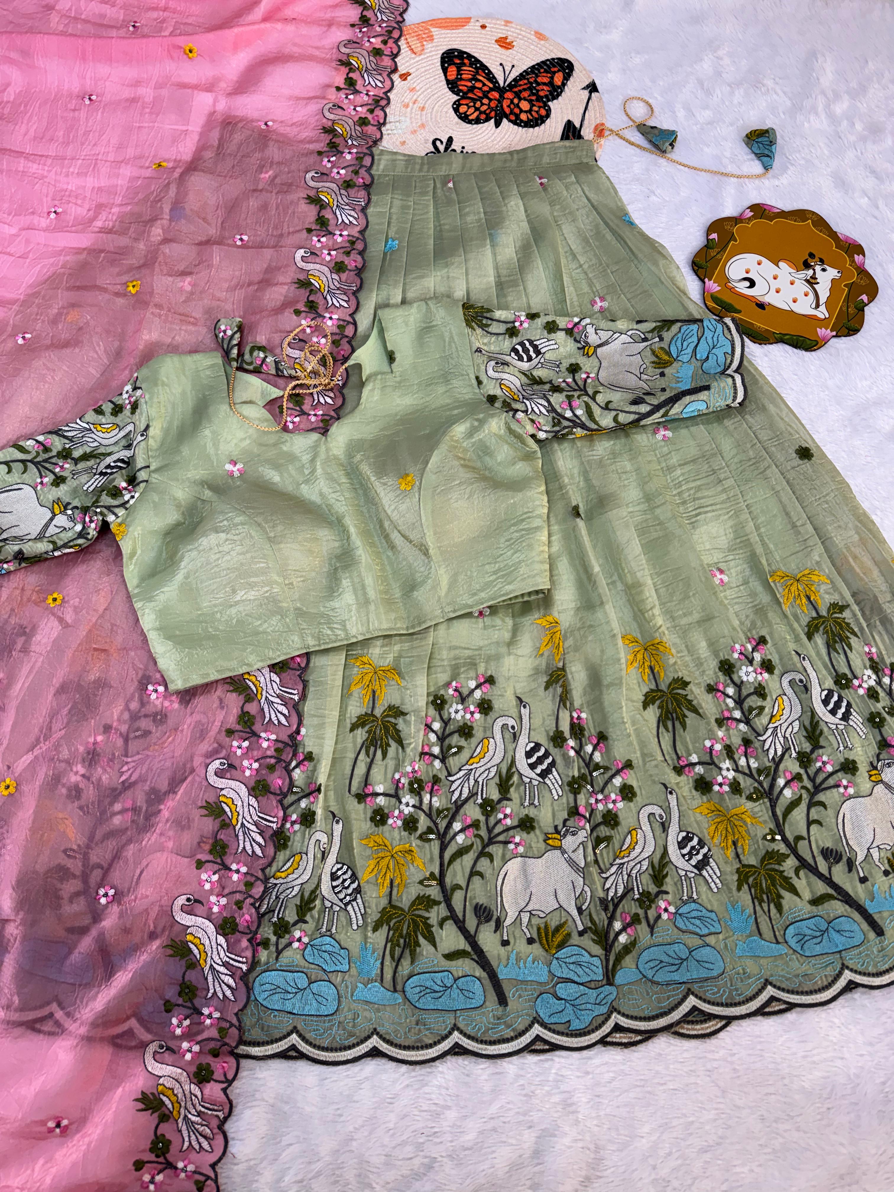 Pichwai embroidery crush silk lehenga