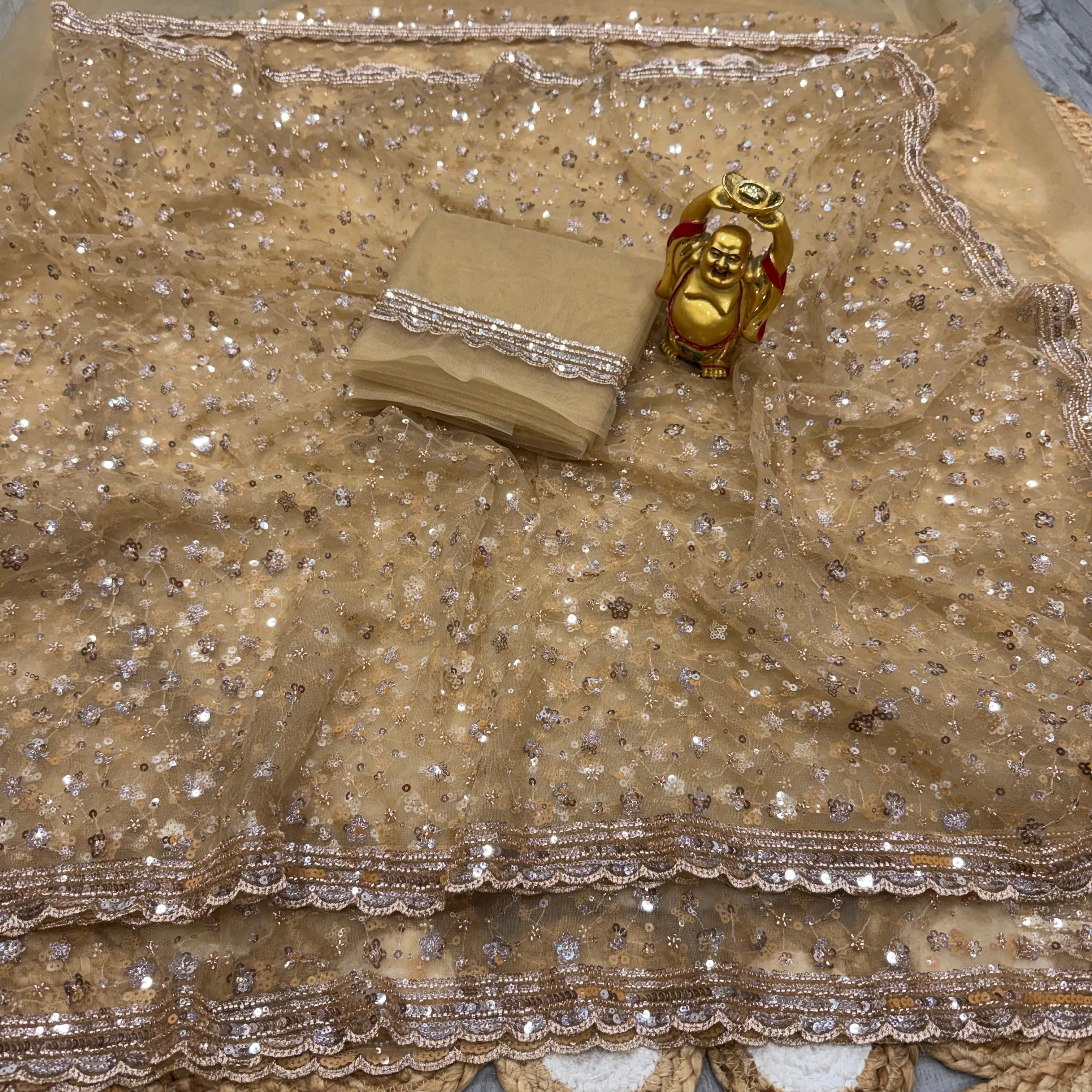 Party wear original gold beeds pure net work saree