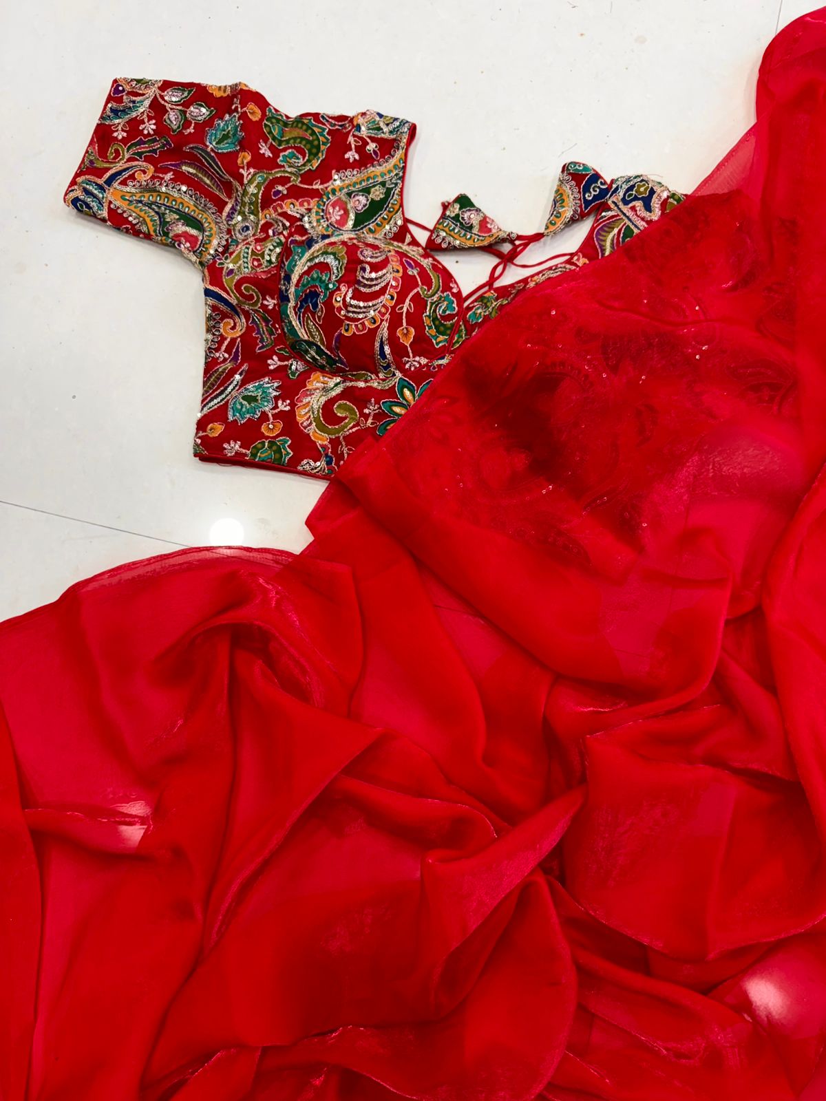 Space satin saree with position work blouse