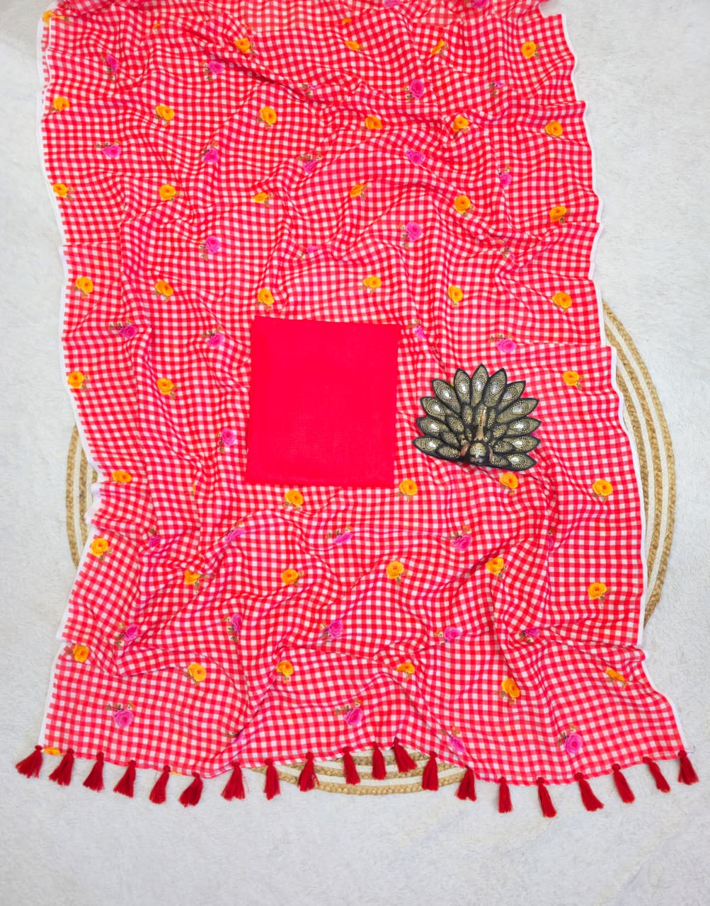 Mull cotton checks floral printed saree